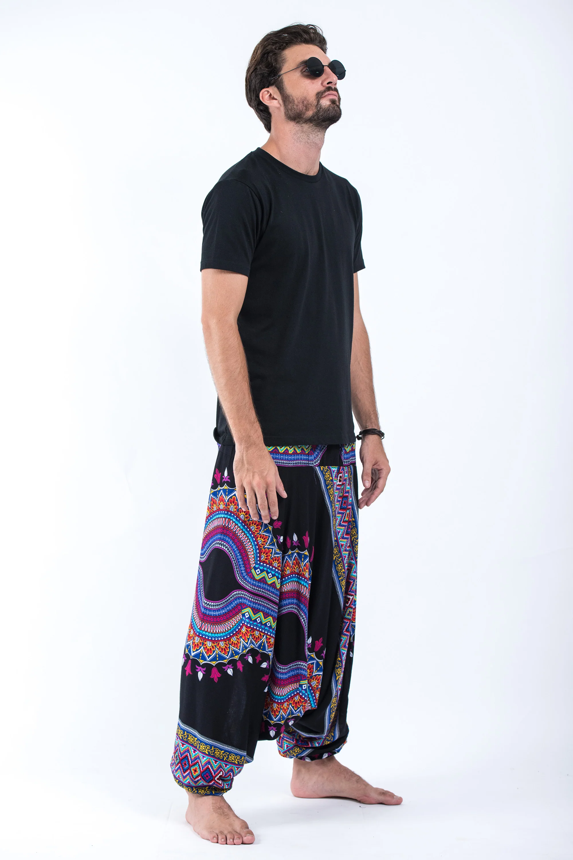 Dashiki Prints Drop Crotch Men's Harem Pants in Black - Image 3