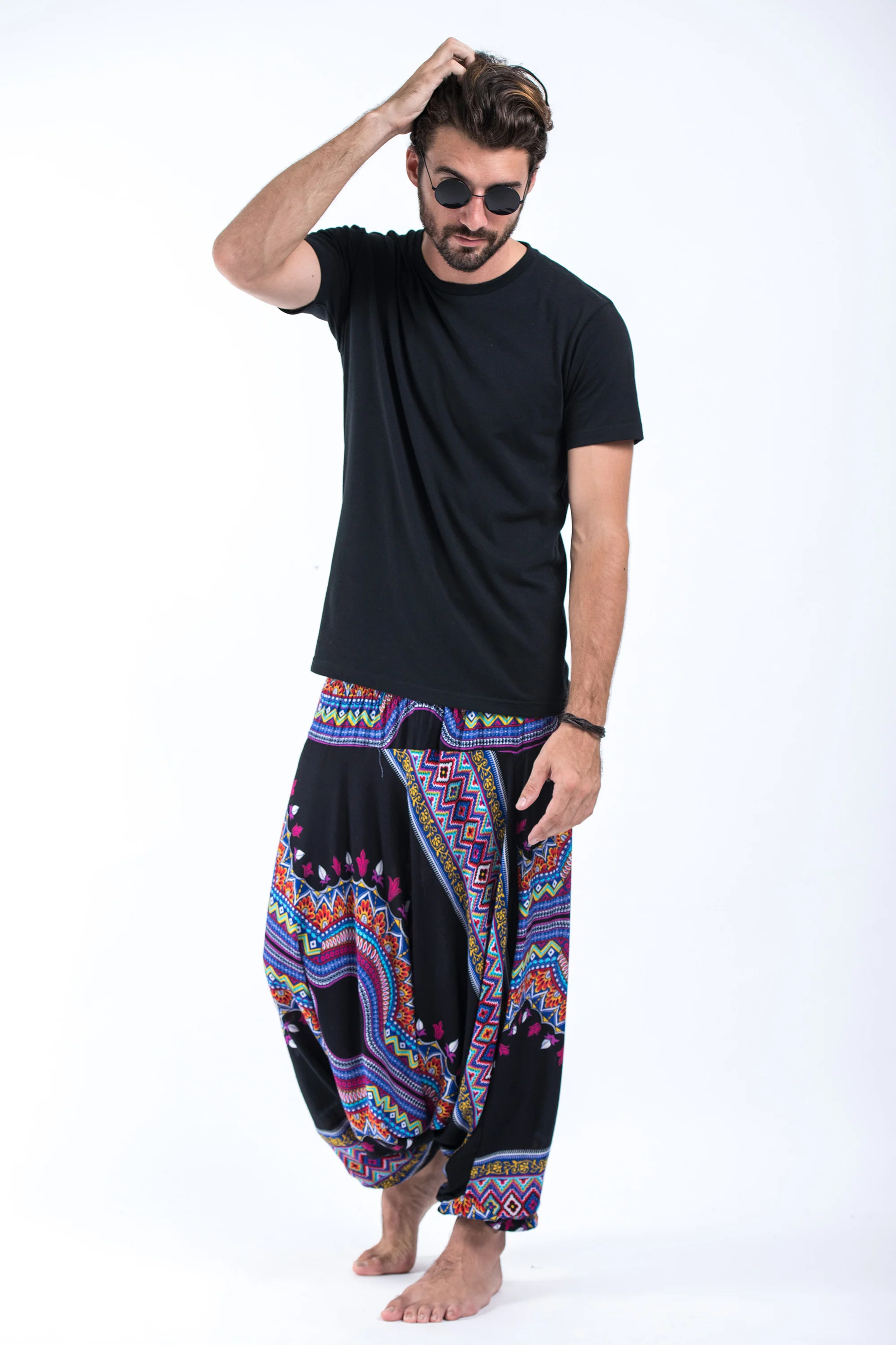 Dashiki Prints Drop Crotch Men's Harem Pants in Black - Image 4