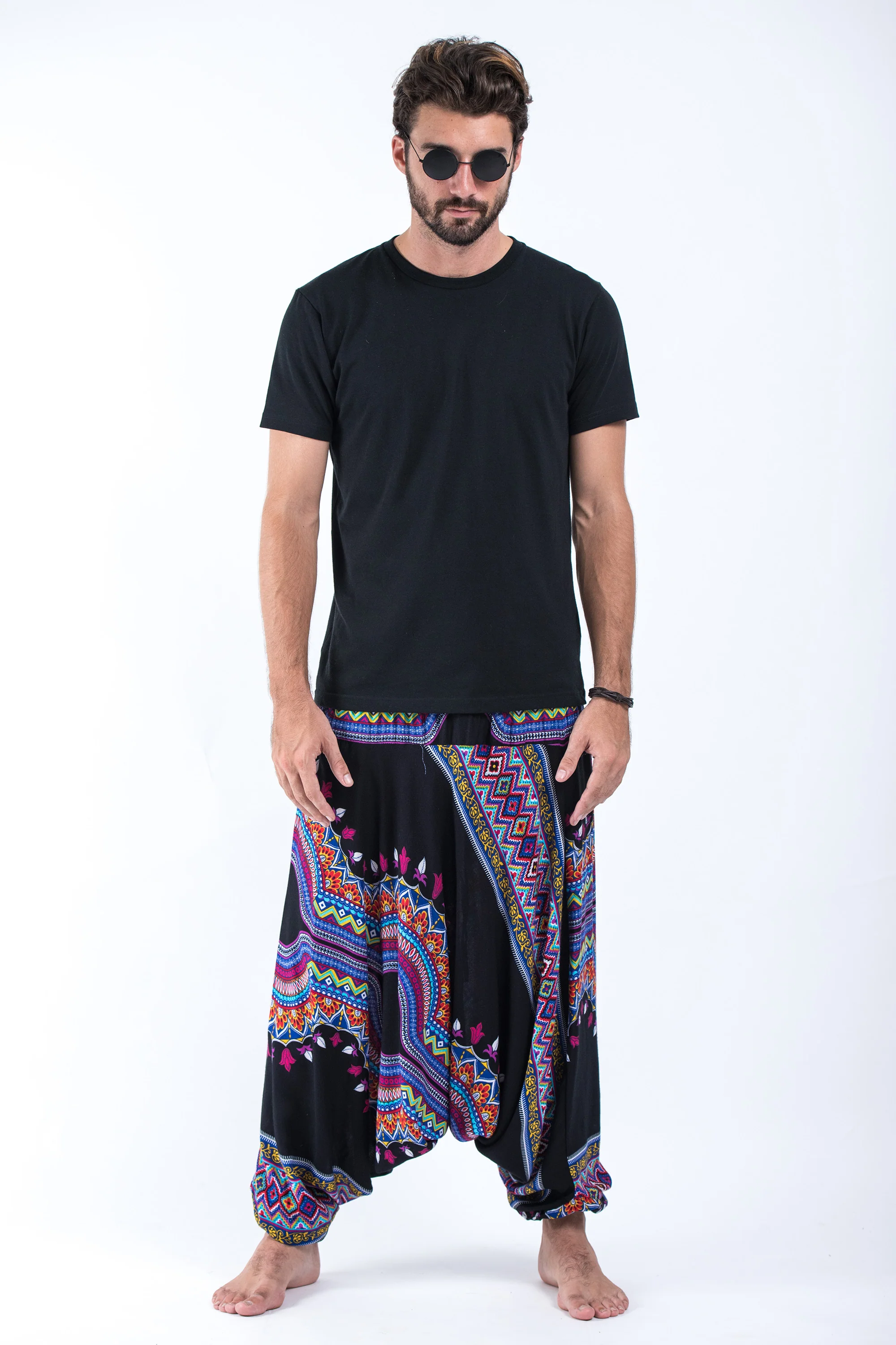 Dashiki Prints Drop Crotch Men's Harem Pants in Black - Image 5