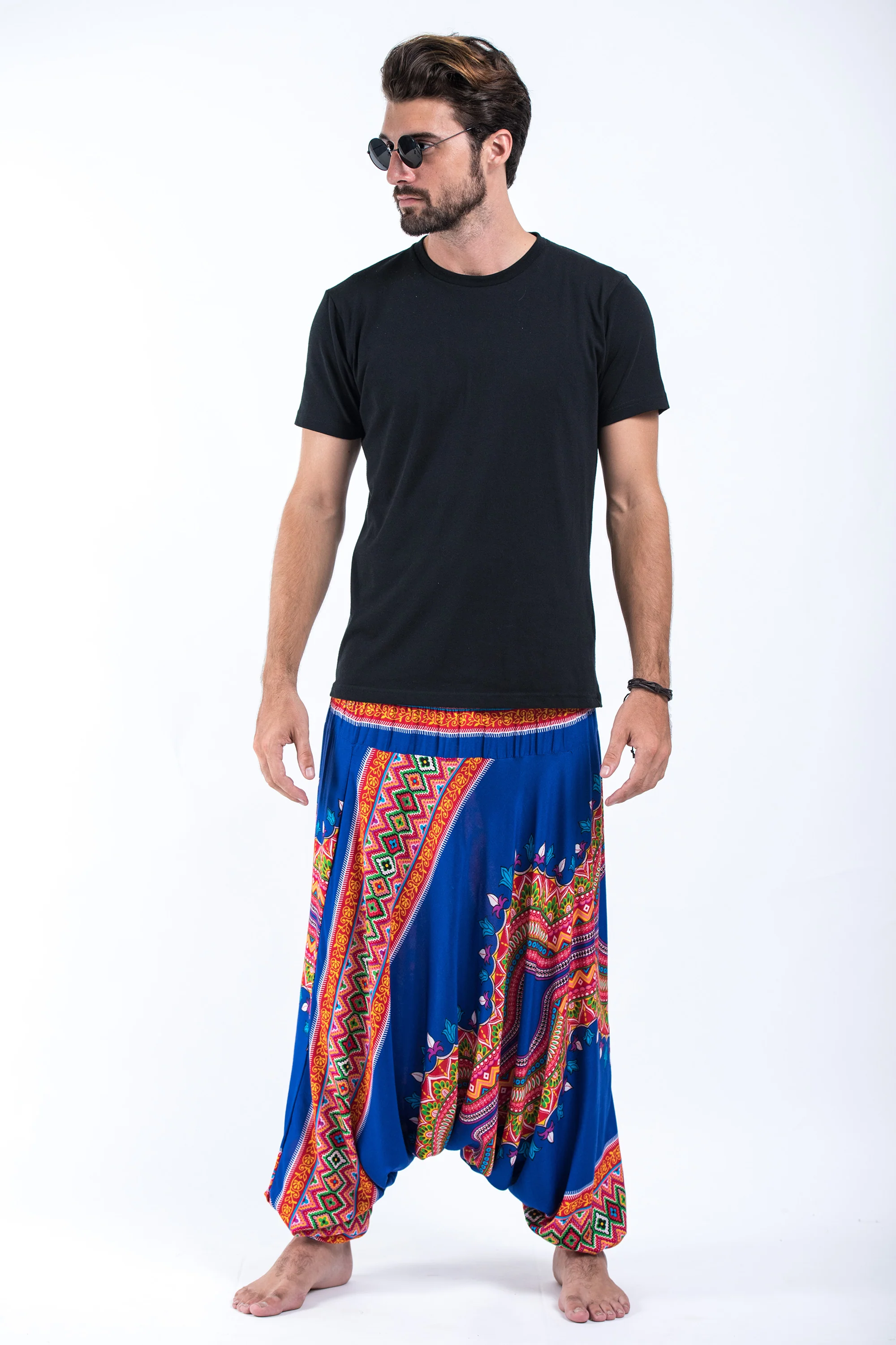Dashiki Prints Drop Crotch Men's Harem Pants in Blue - Image 4