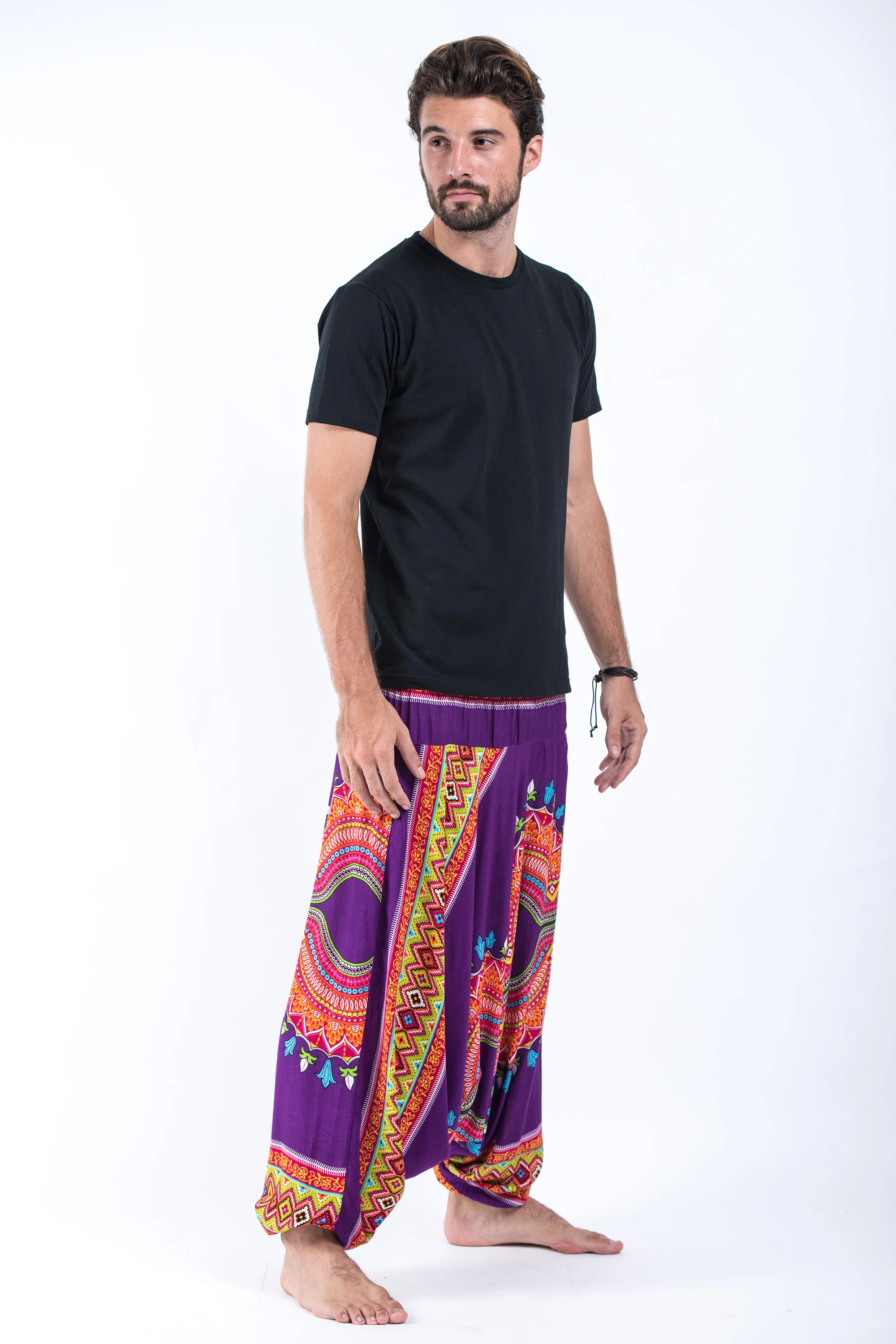 Dashiki Prints Drop Crotch Men's Harem Pants in Purple - Image 3