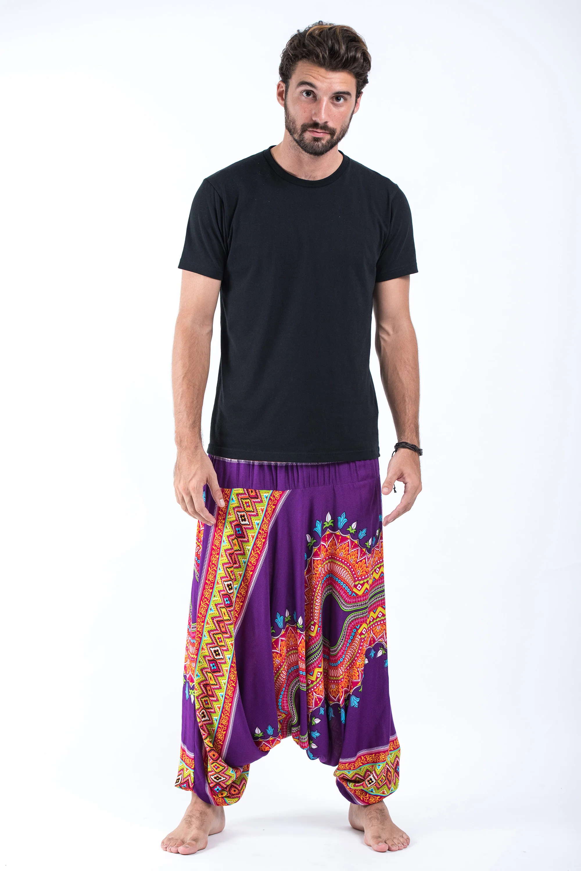 Dashiki Prints Drop Crotch Men's Harem Pants in Purple - Image 4