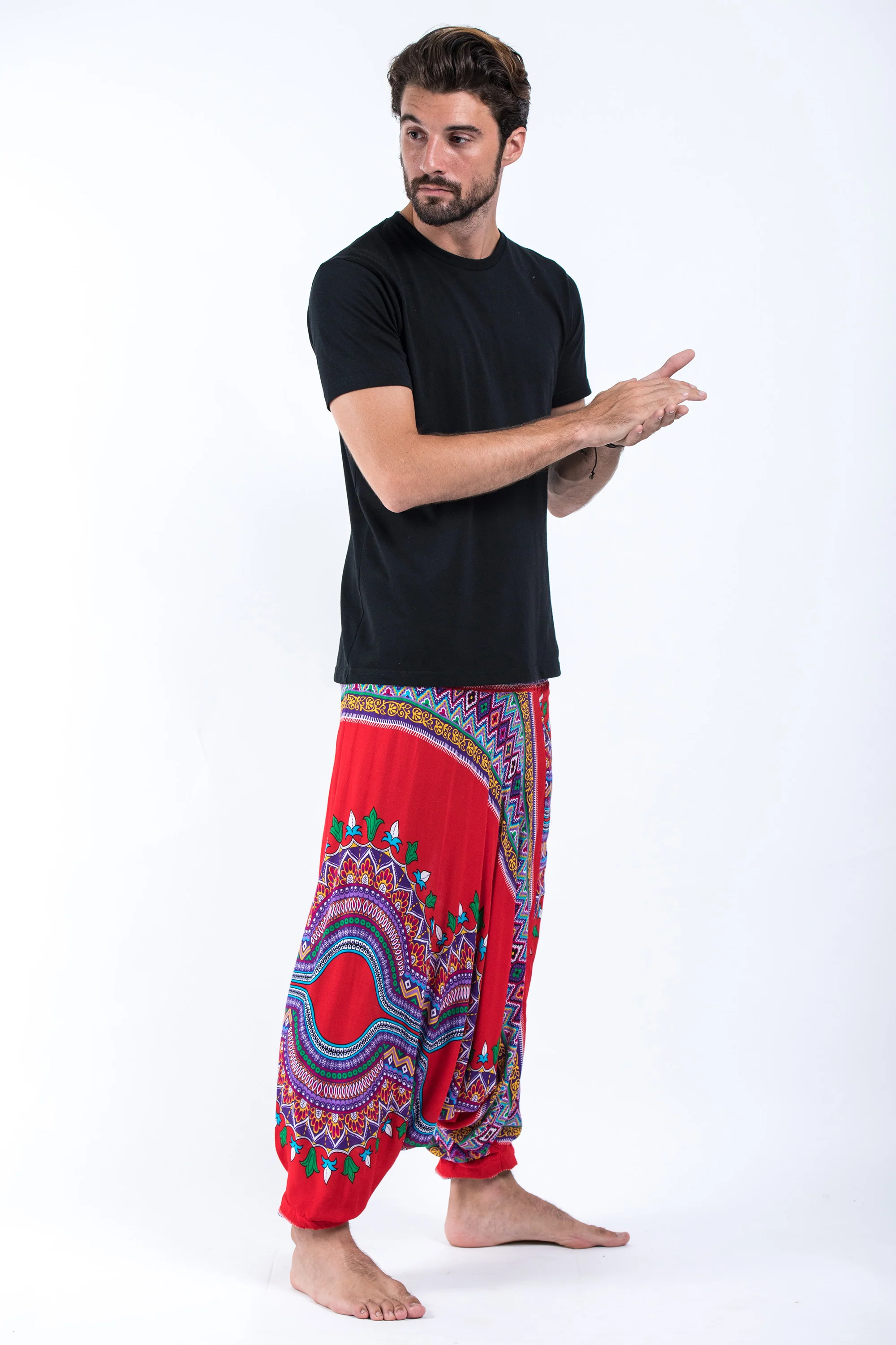 Dashiki Prints Drop Crotch Men's Harem Pants in Red - Image 3
