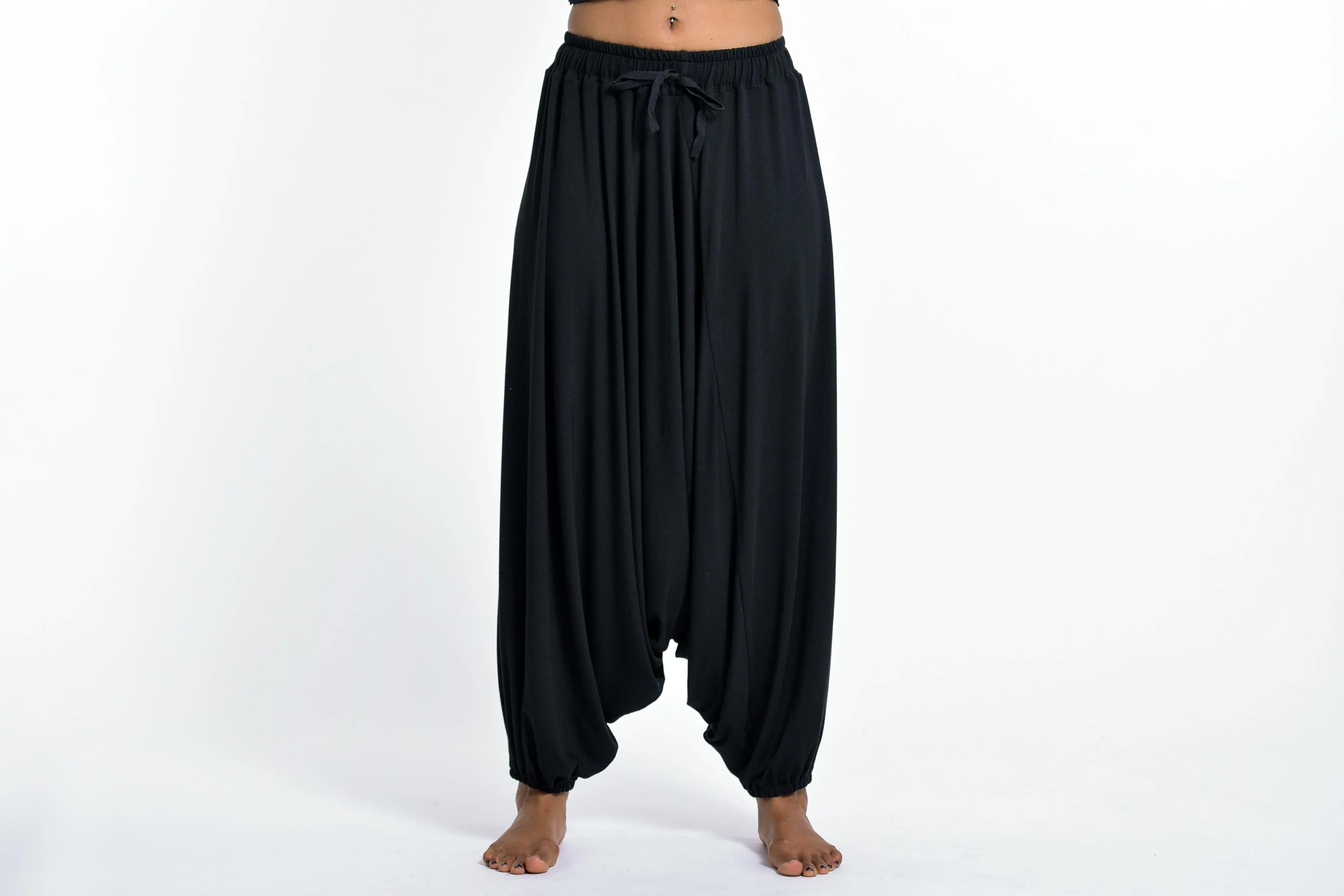 Drawstring Low Cut Harem Pants Cotton Spandex in Solid Black - Image 2