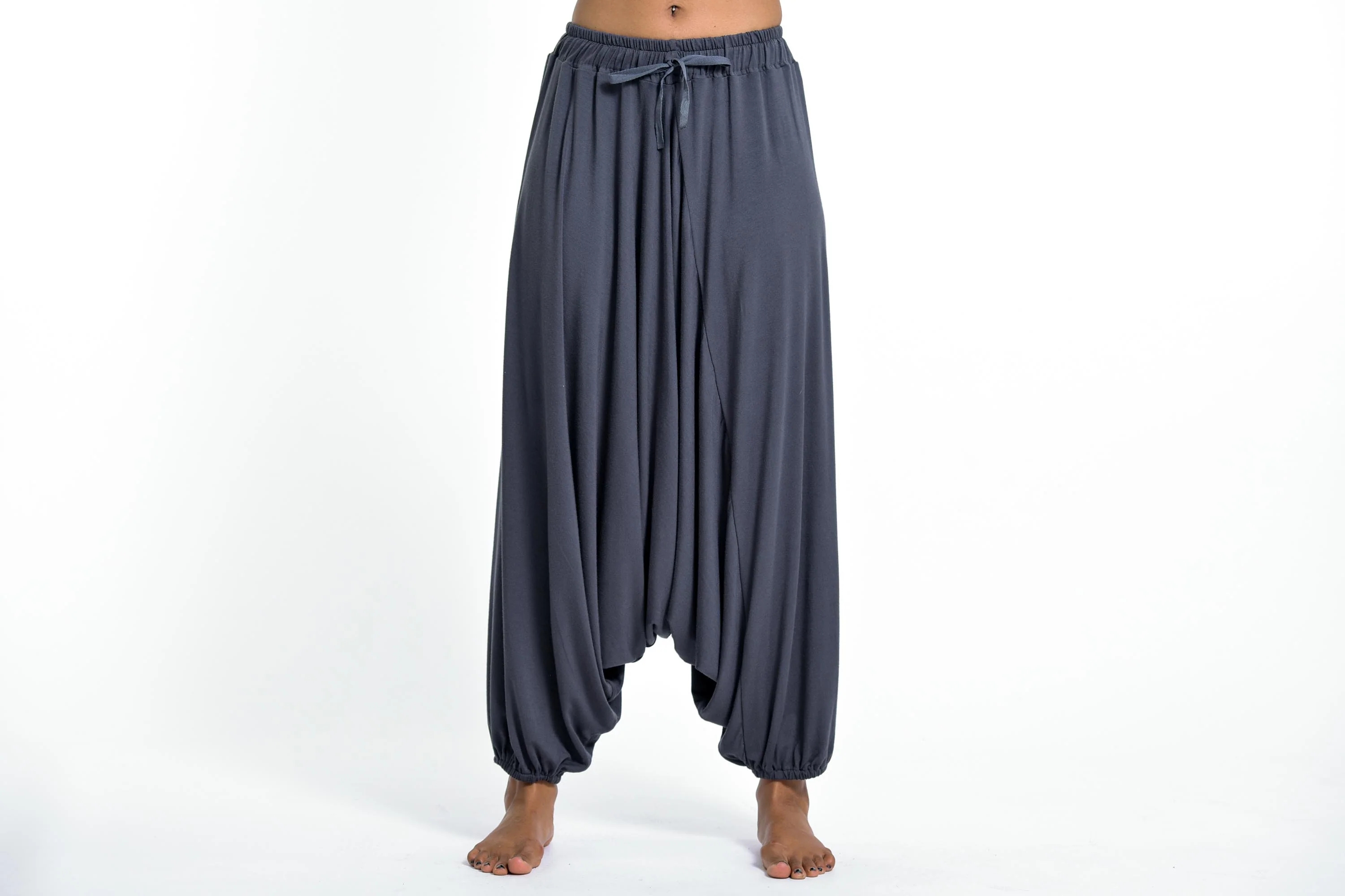 Drawstring Low Cut Harem Pants Cotton Spandex in Solid Gray - Image 2