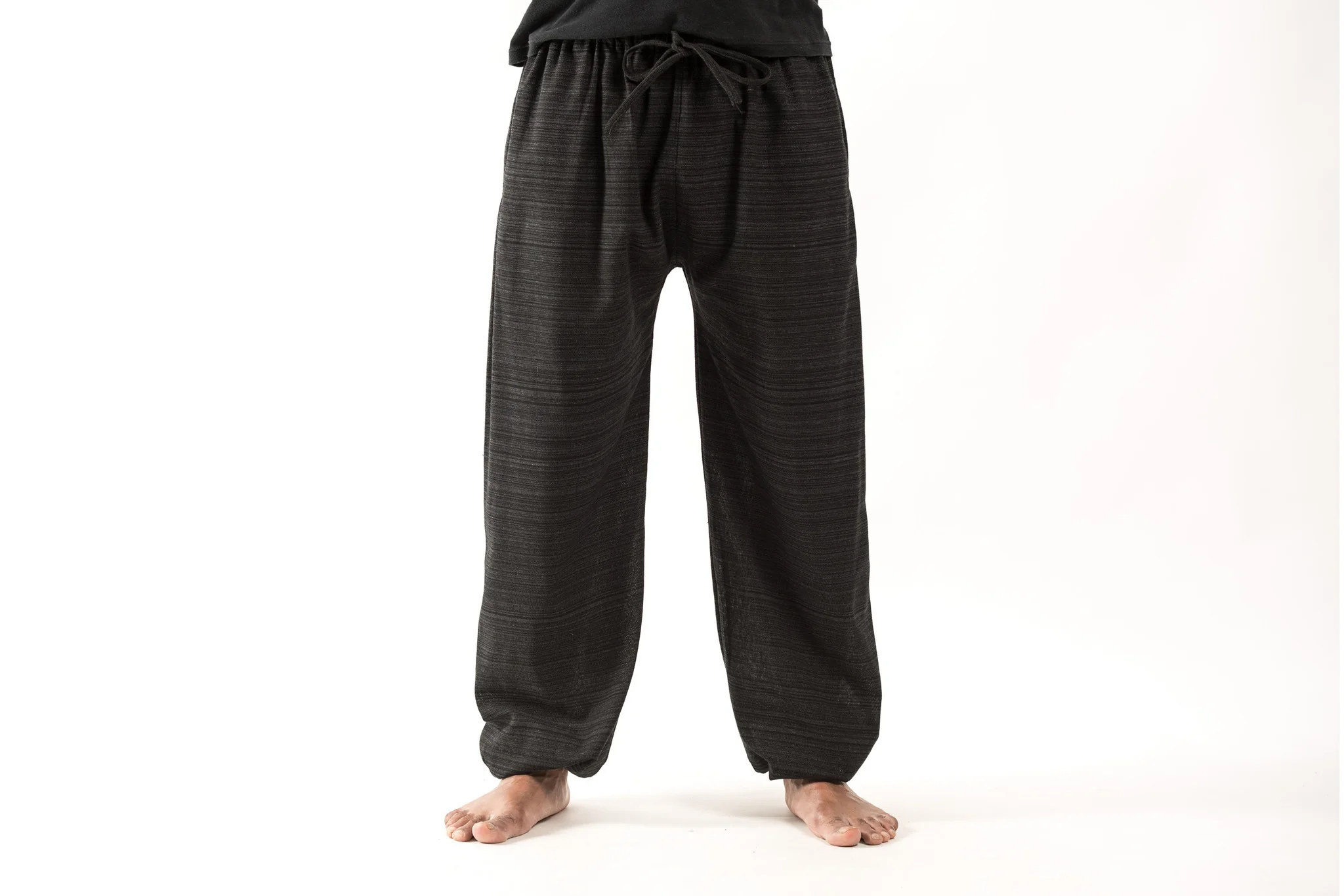 Drawstring Pinstripe Men's Pants in Black - Image 2