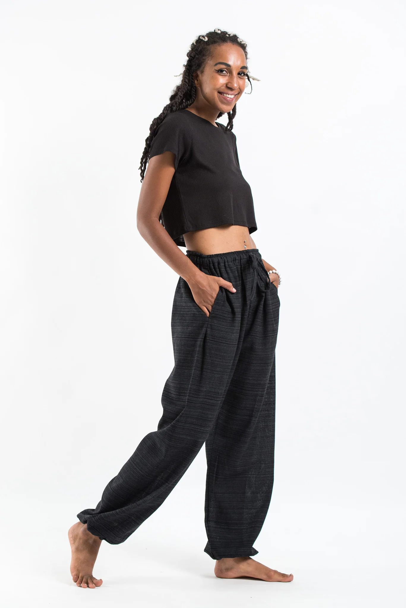 Drawstring Pinstripe Women's  Pants in Black - Image 3