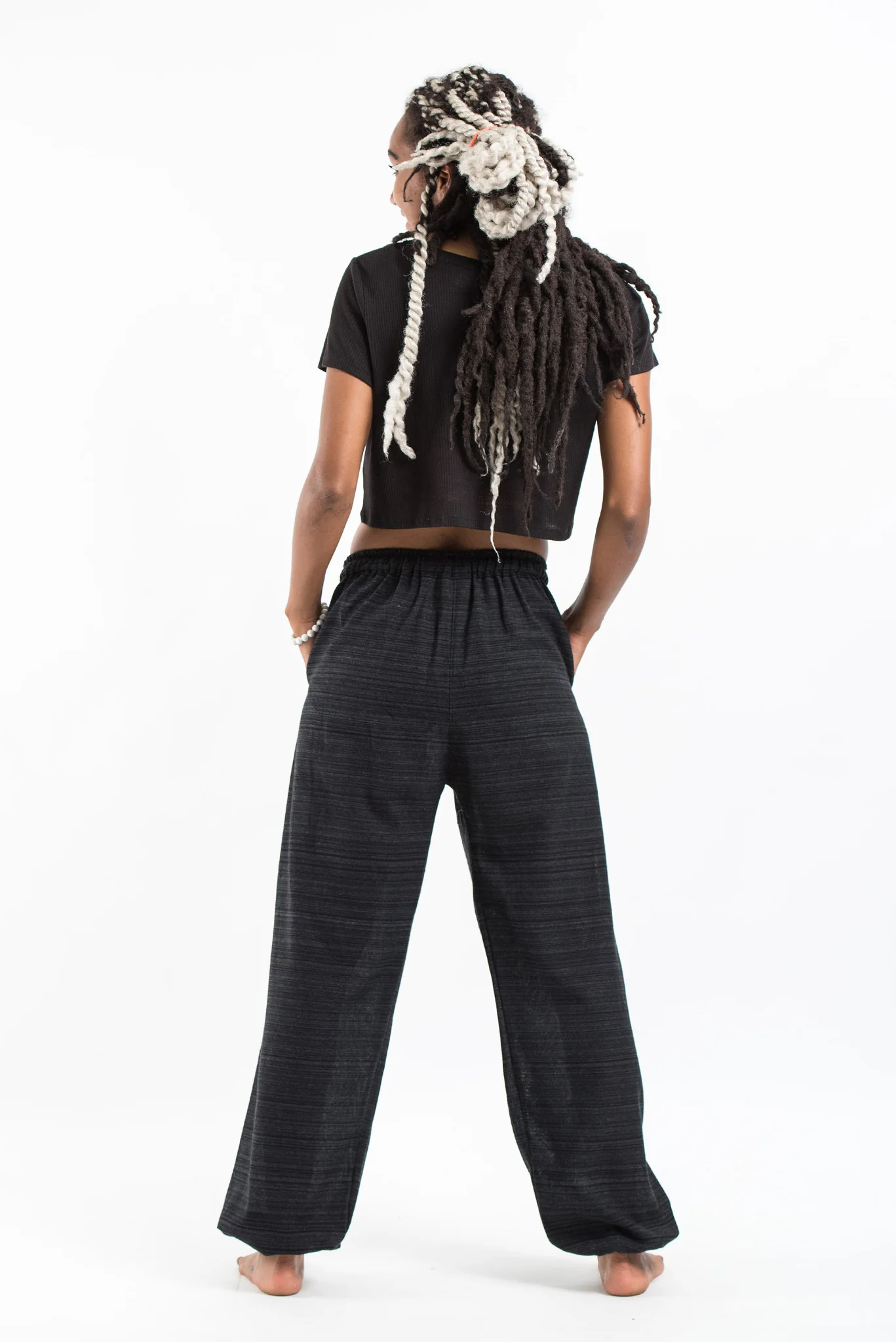 Drawstring Pinstripe Women's  Pants in Black - Image 4