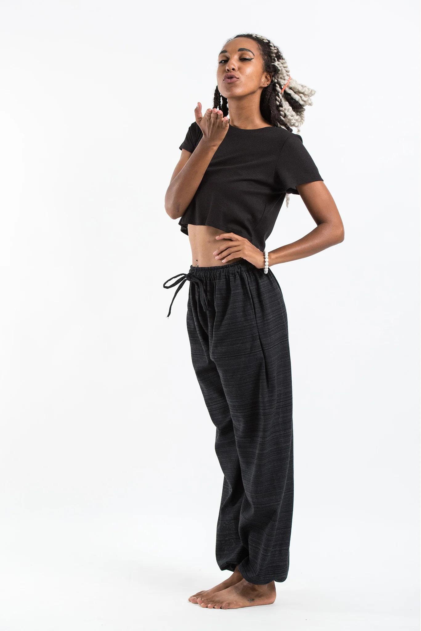 Drawstring Pinstripe Women's  Pants in Black - Image 5