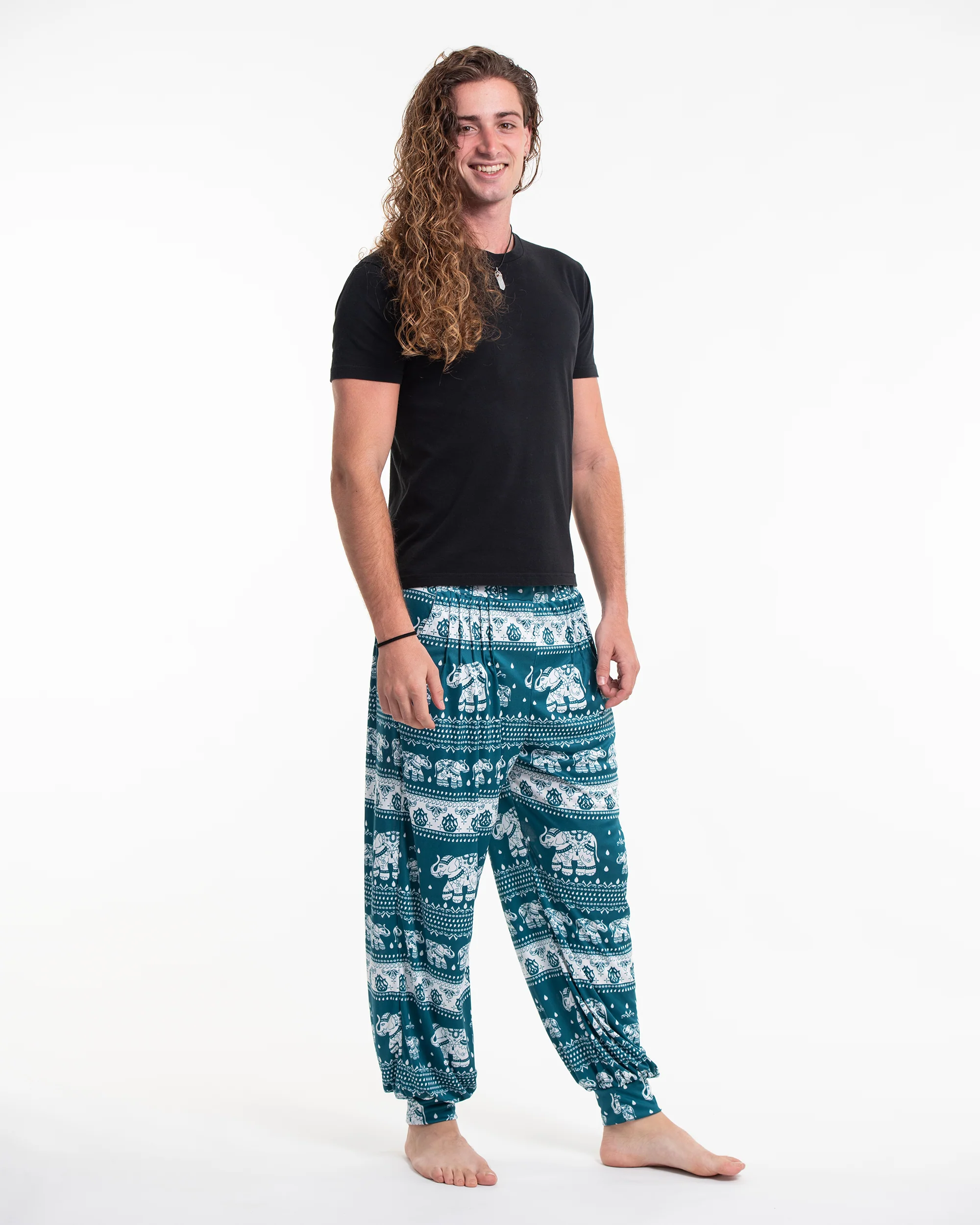 ULTRA SOFT Eco-Friendly Elephant Print Men Harem Pants in Teal - Image 3