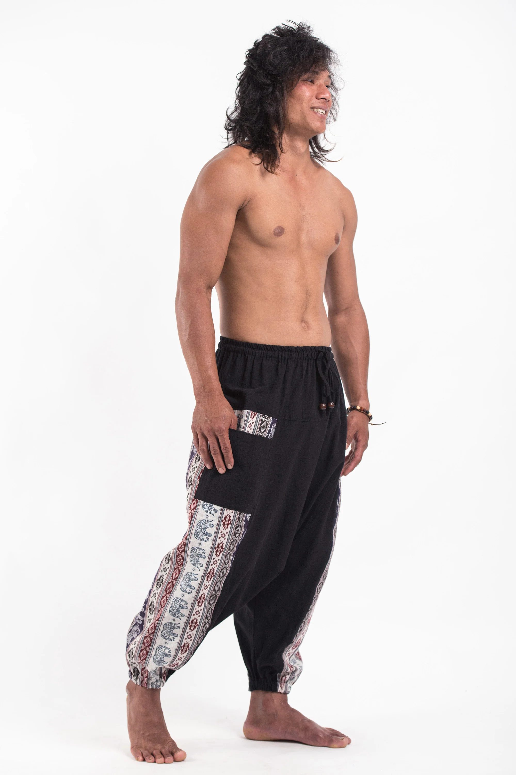 Elephant Aztec Cotton Men's Harem Pants in Black - Image 3