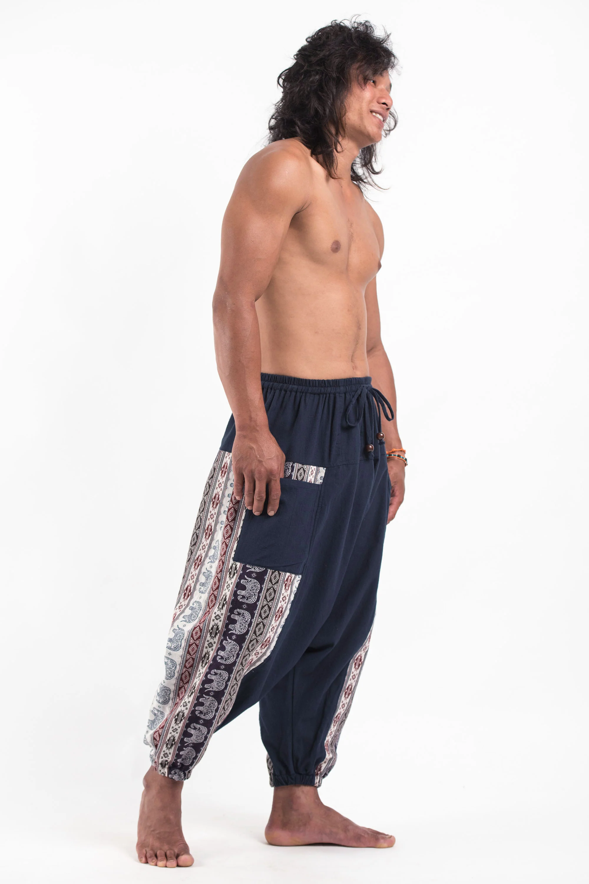 Elephant Aztec Cotton Men's Harem Pants in Navy - Image 3