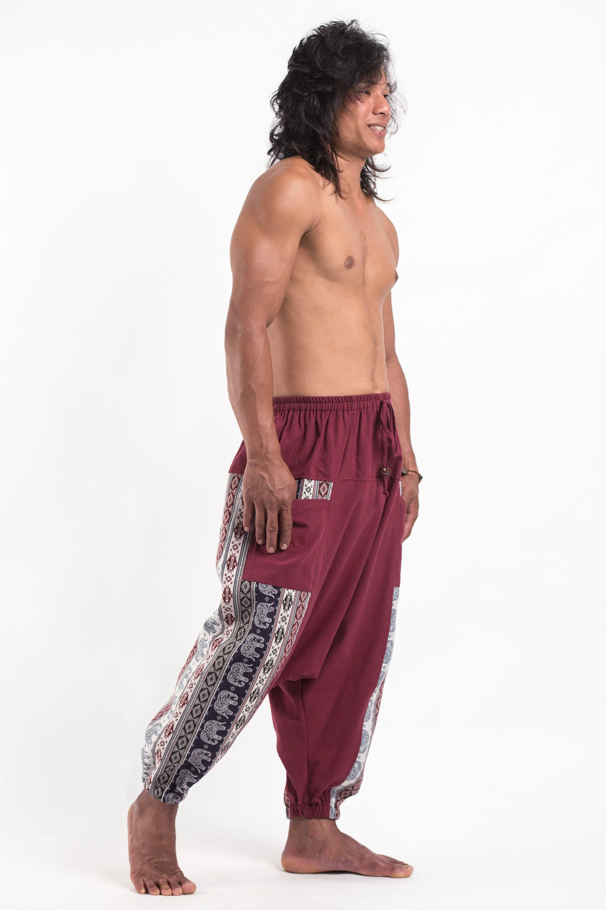 Elephant Aztec Cotton Men's Harem Pants in Red - Image 3