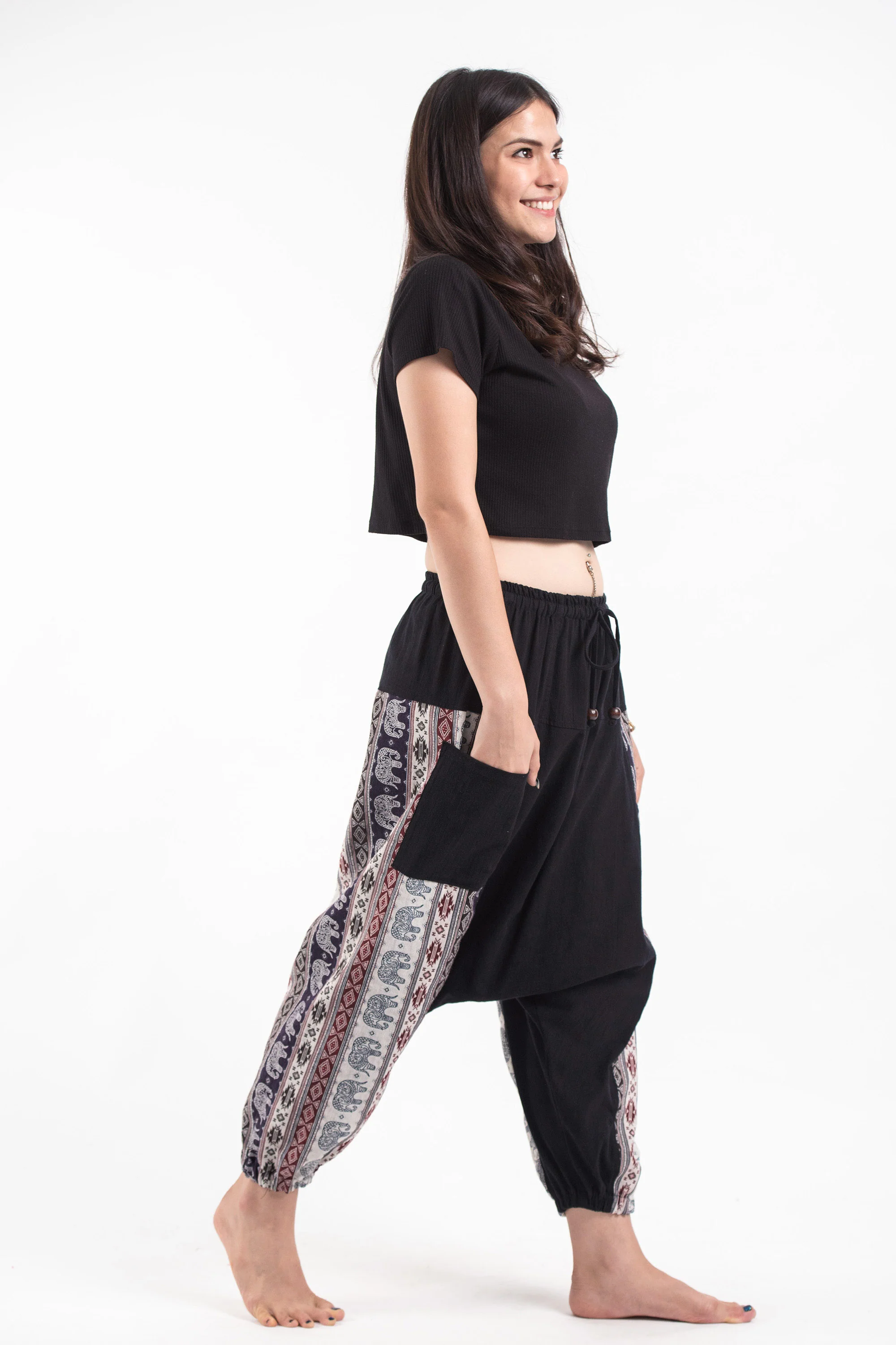 Elephant Aztec Cotton Women's Harem Pants in Black - Image 3