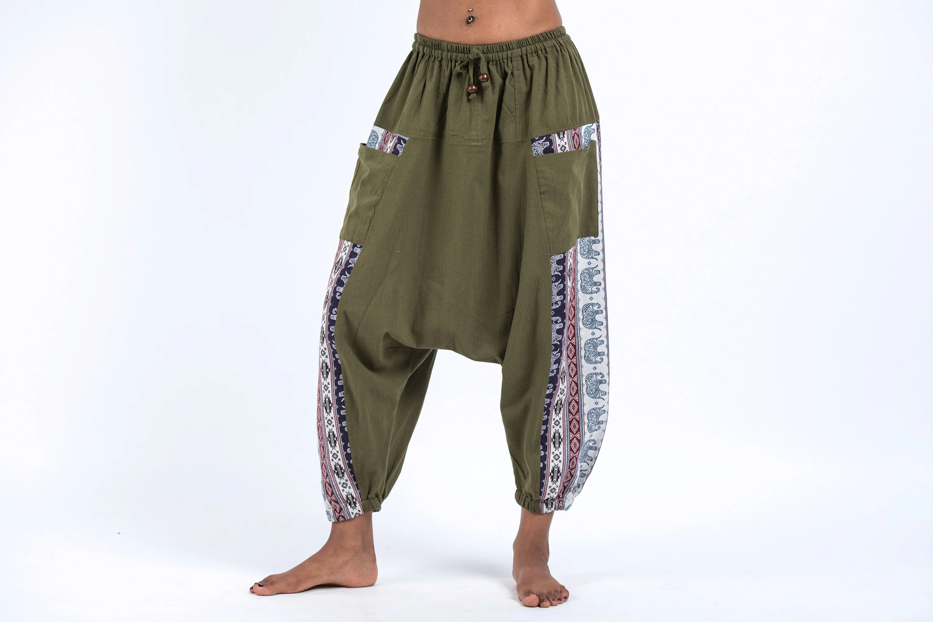 Elephant Aztec Cotton Women's Harem Pants in Green - Image 2
