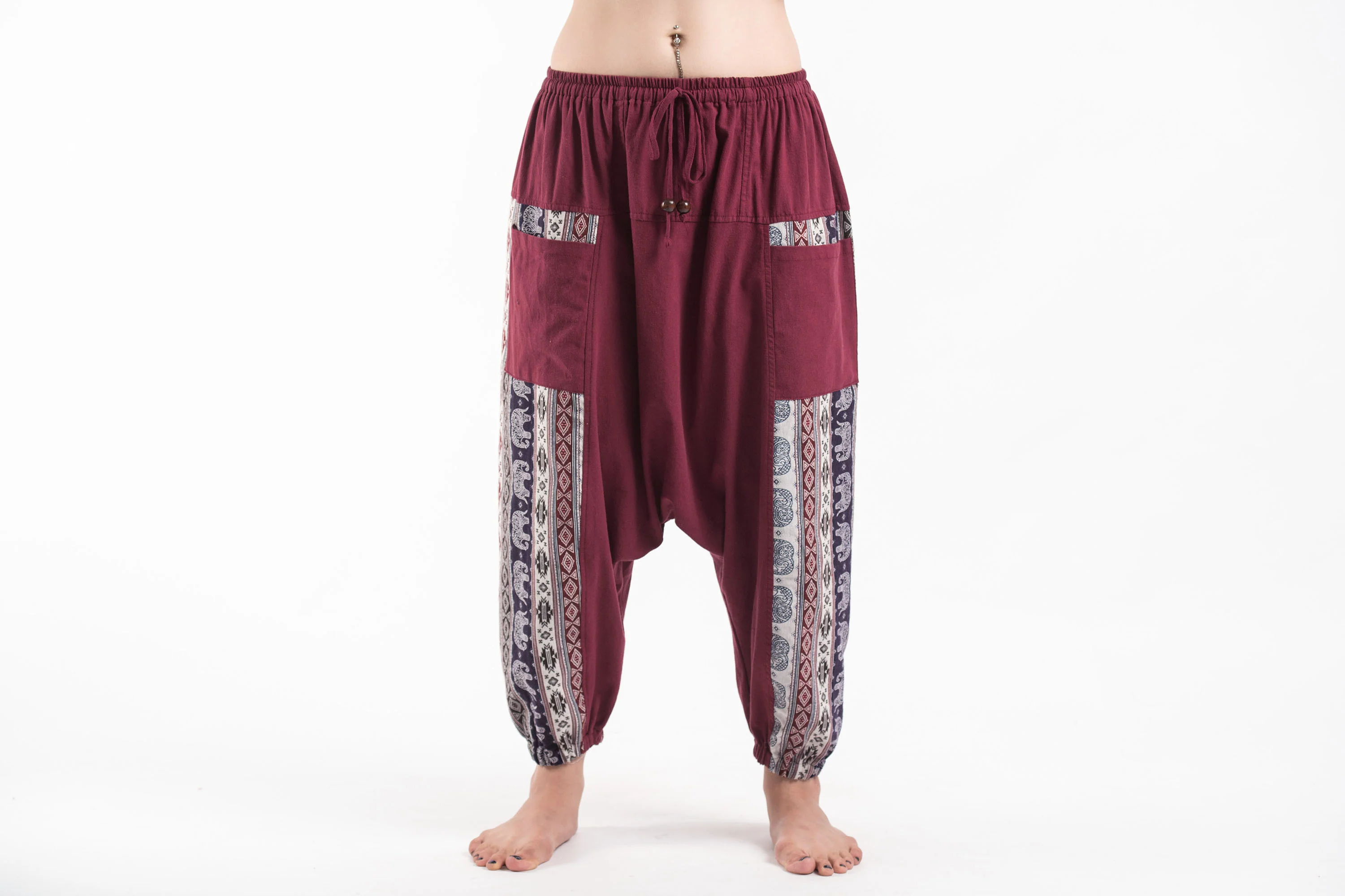 Elephant Aztec Cotton Women's Harem Pants in Red - Image 2