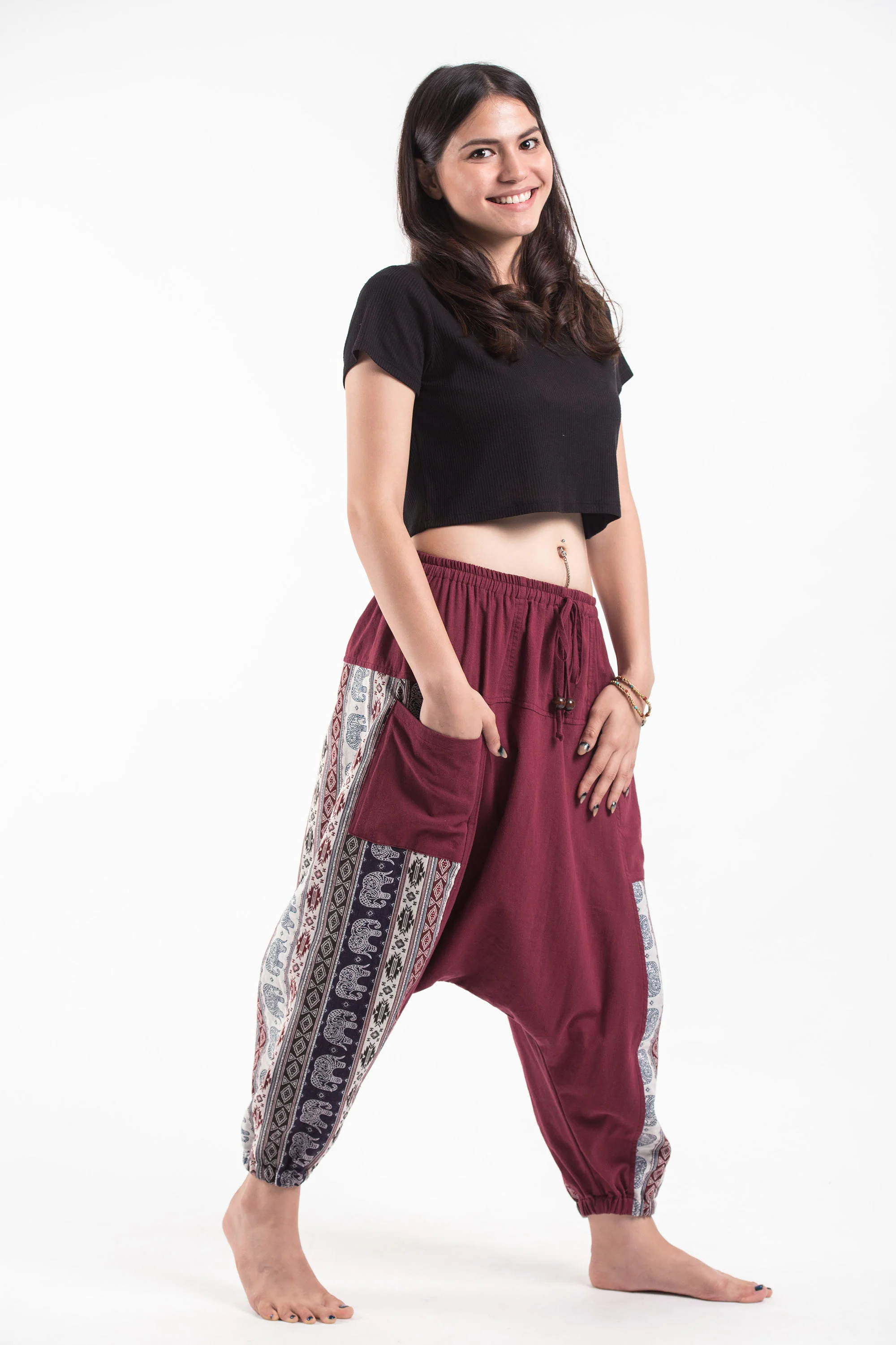 Elephant Aztec Cotton Women's Harem Pants in Red - Image 3