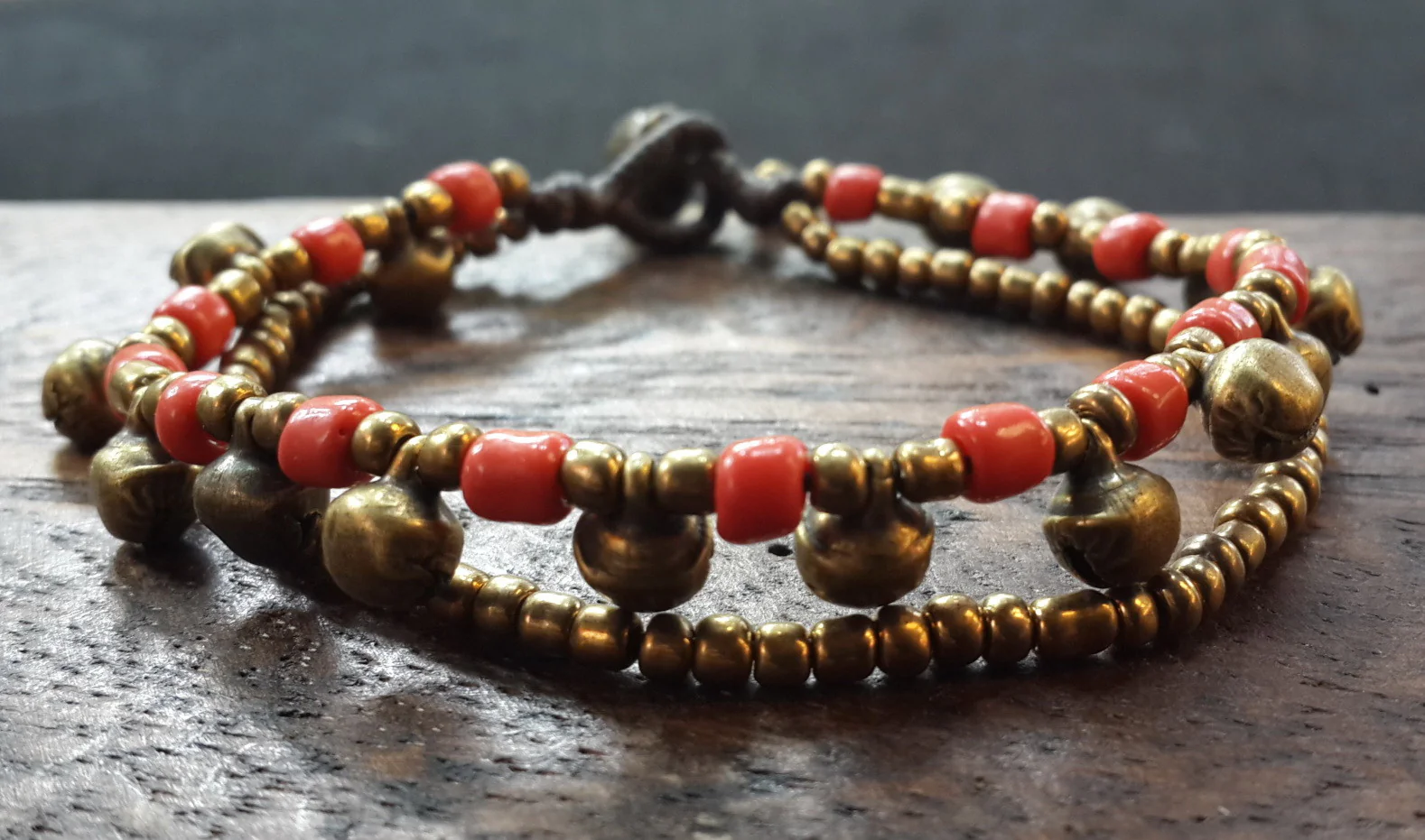 Brass Bell And Red Bead Double Strand Bracelets - Image 4