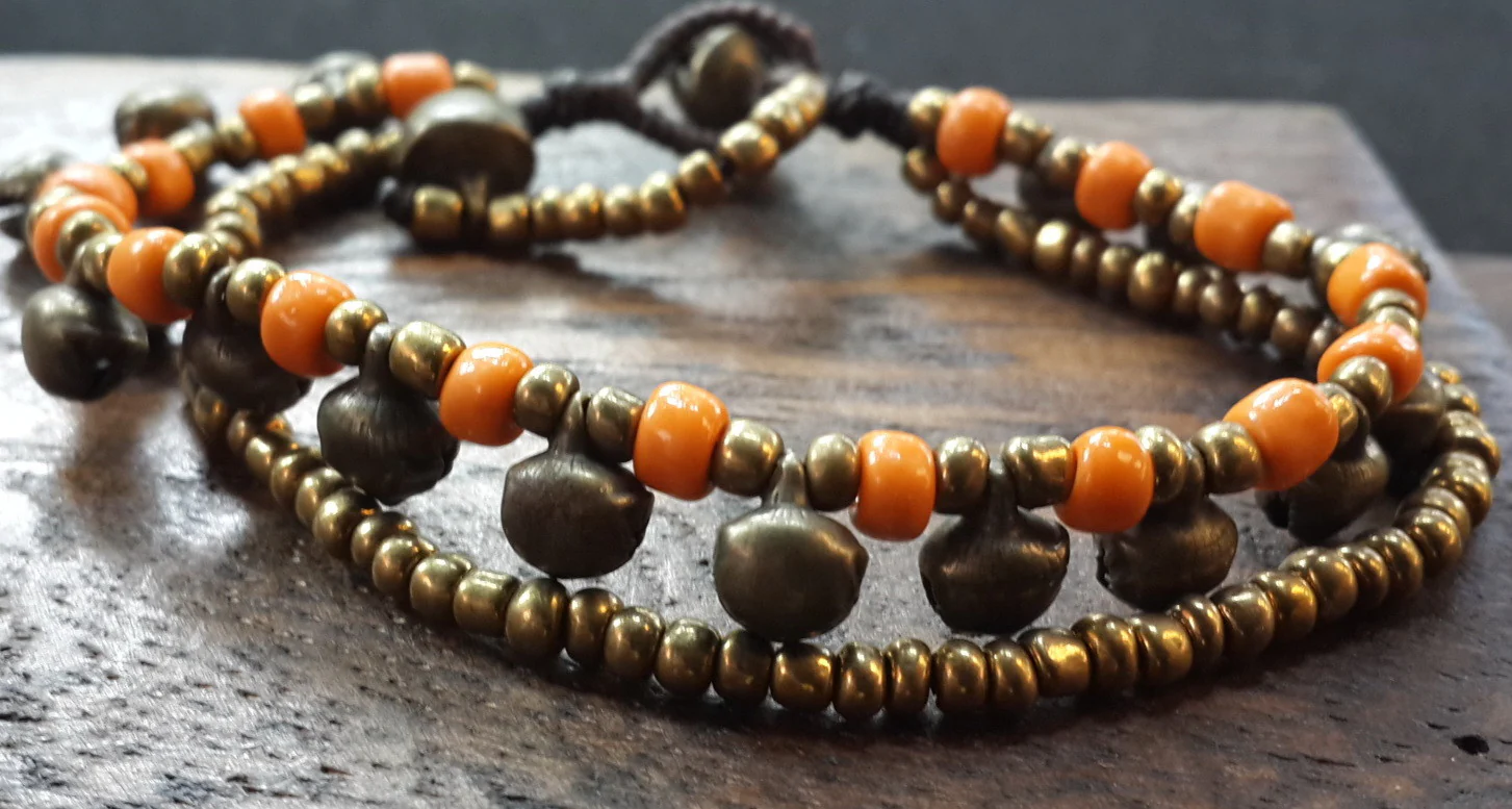Brass Bell And Orange Bead Double Strand Bracelets - Image 4
