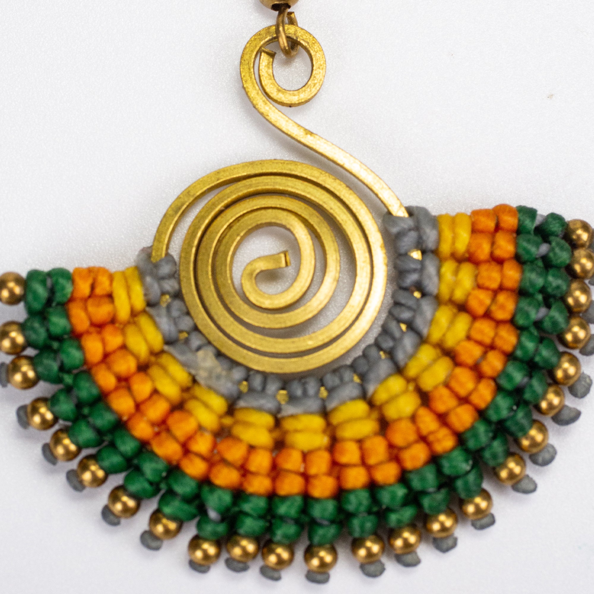 Fan Green Orange Waxed String Spiral Brass Earrings - Image 2
