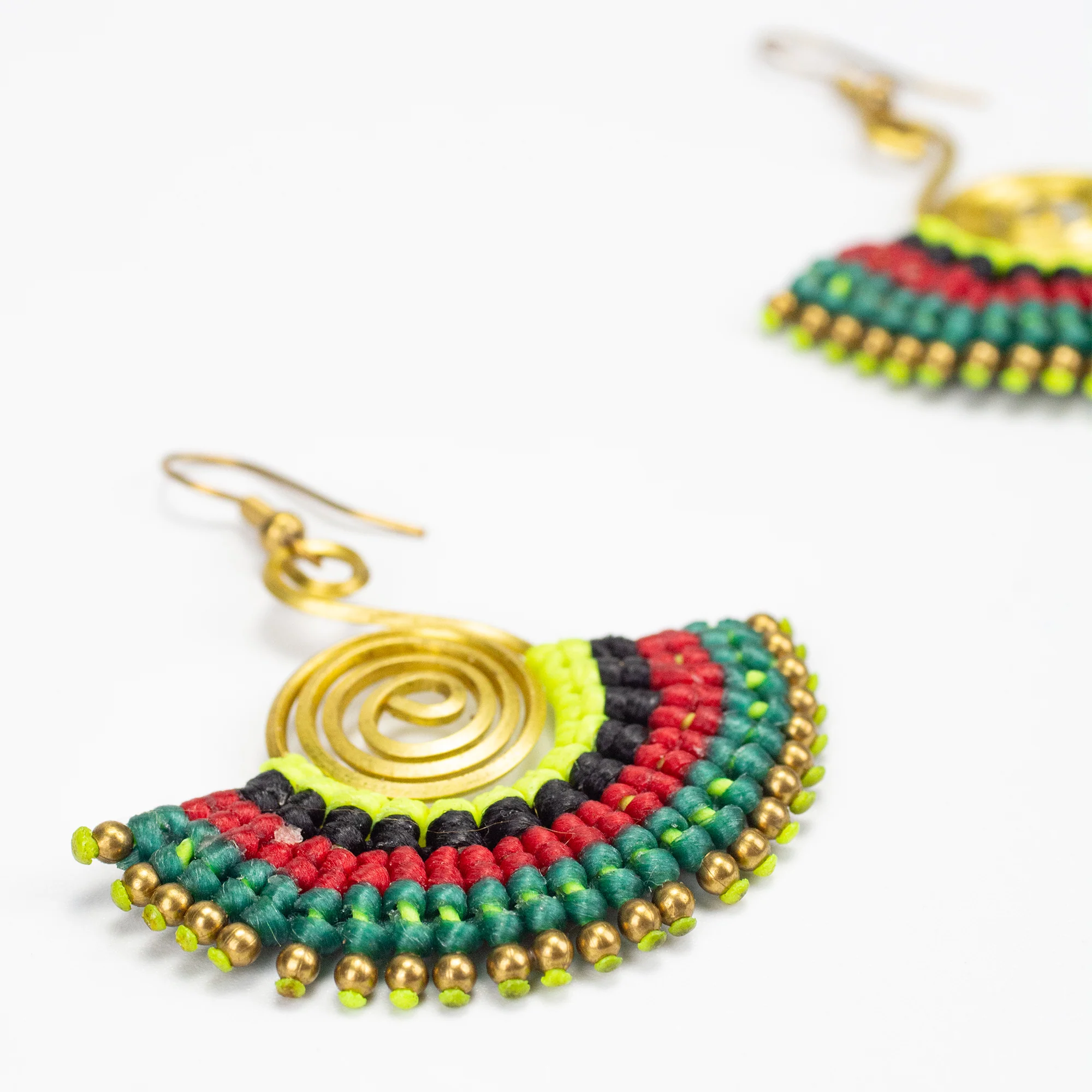 Fan Green Red Waxed String Spiral Brass Earrings - Image 3