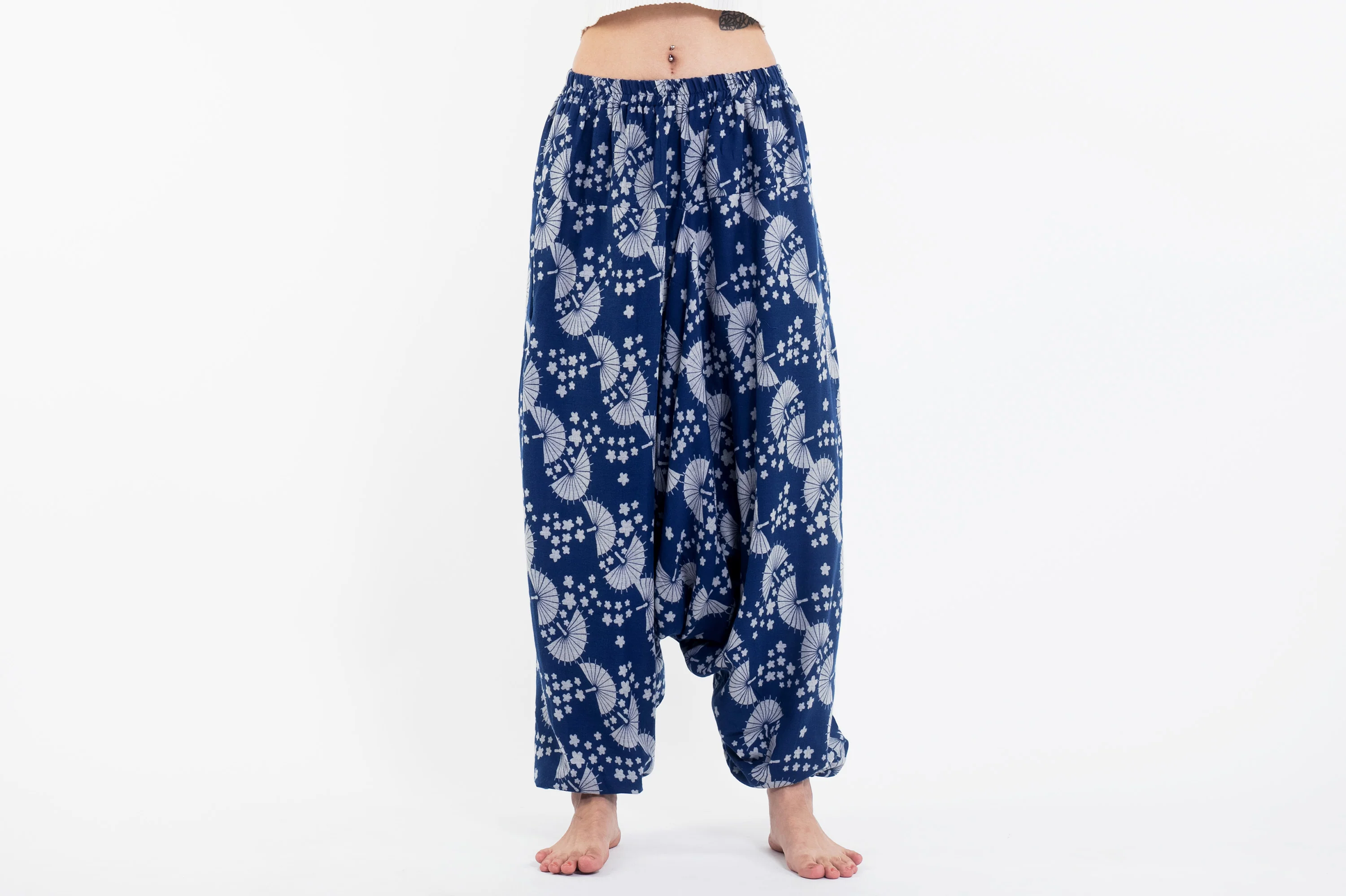 Fan Prints Women's Low Cut Cotton Harem Pants in Indigo - Image 2