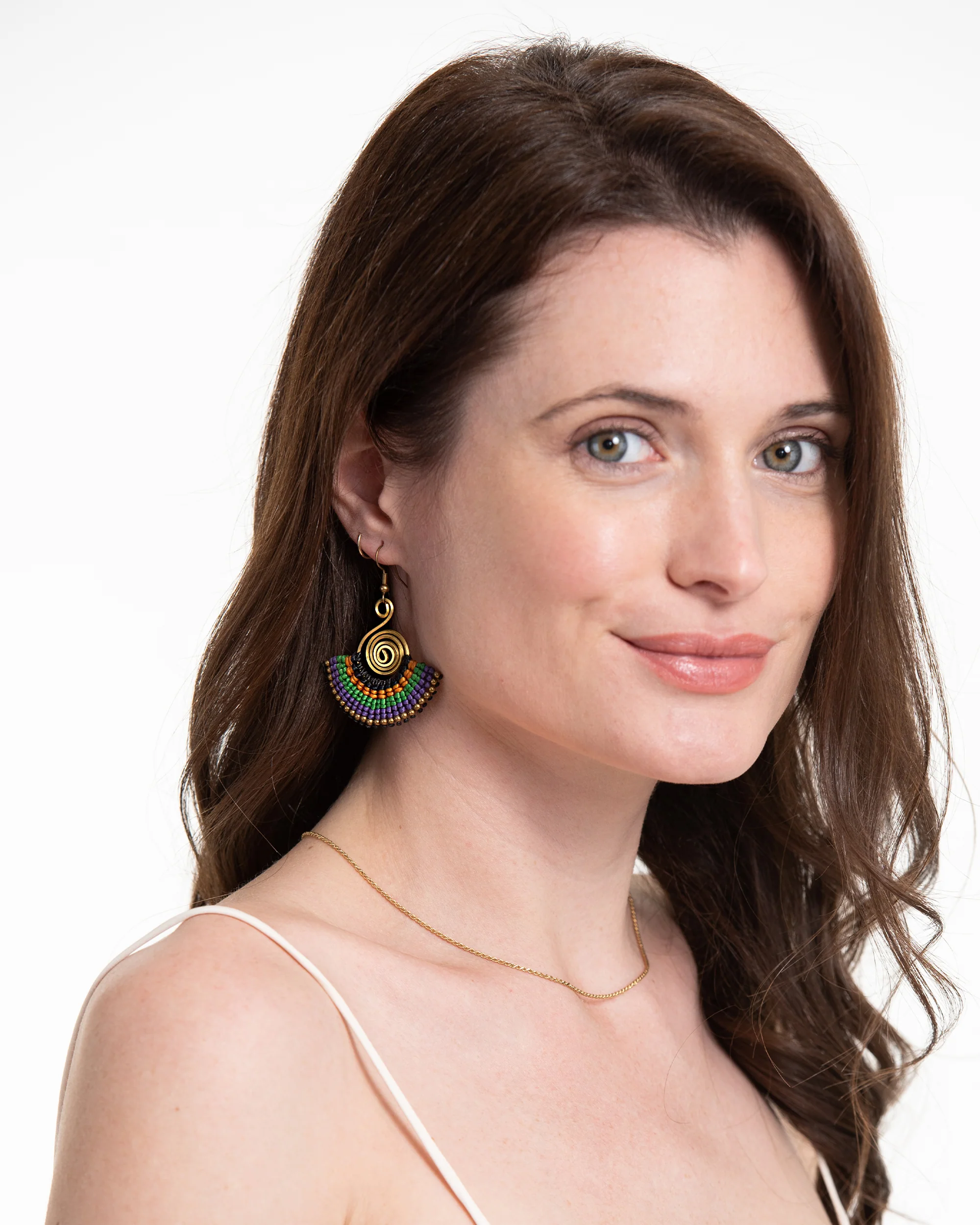 Fan Purple Green Waxed String Spiral Brass Earrings - Image 2