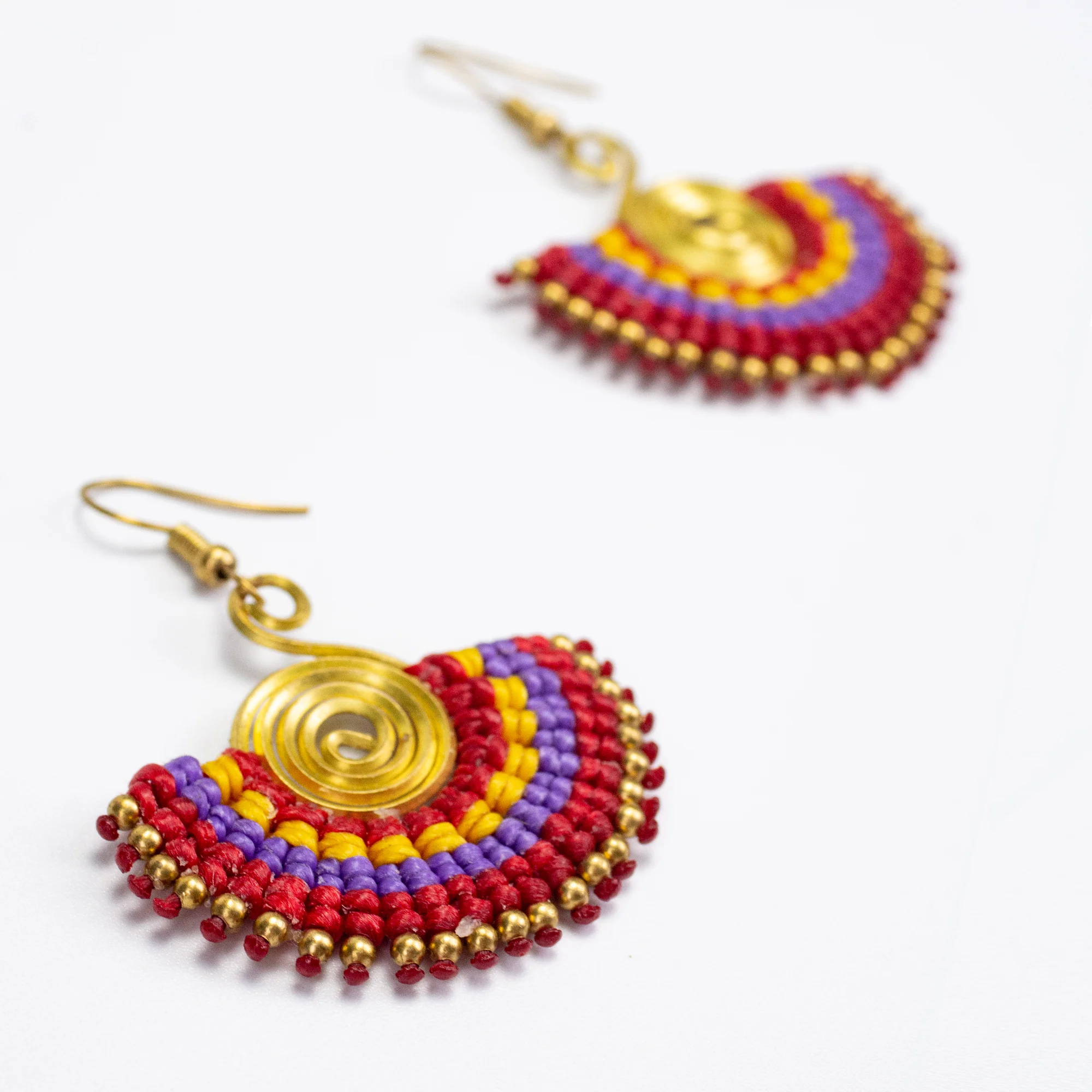 Fan Red Purple Waxed String Spiral Brass Earrings - Image 3