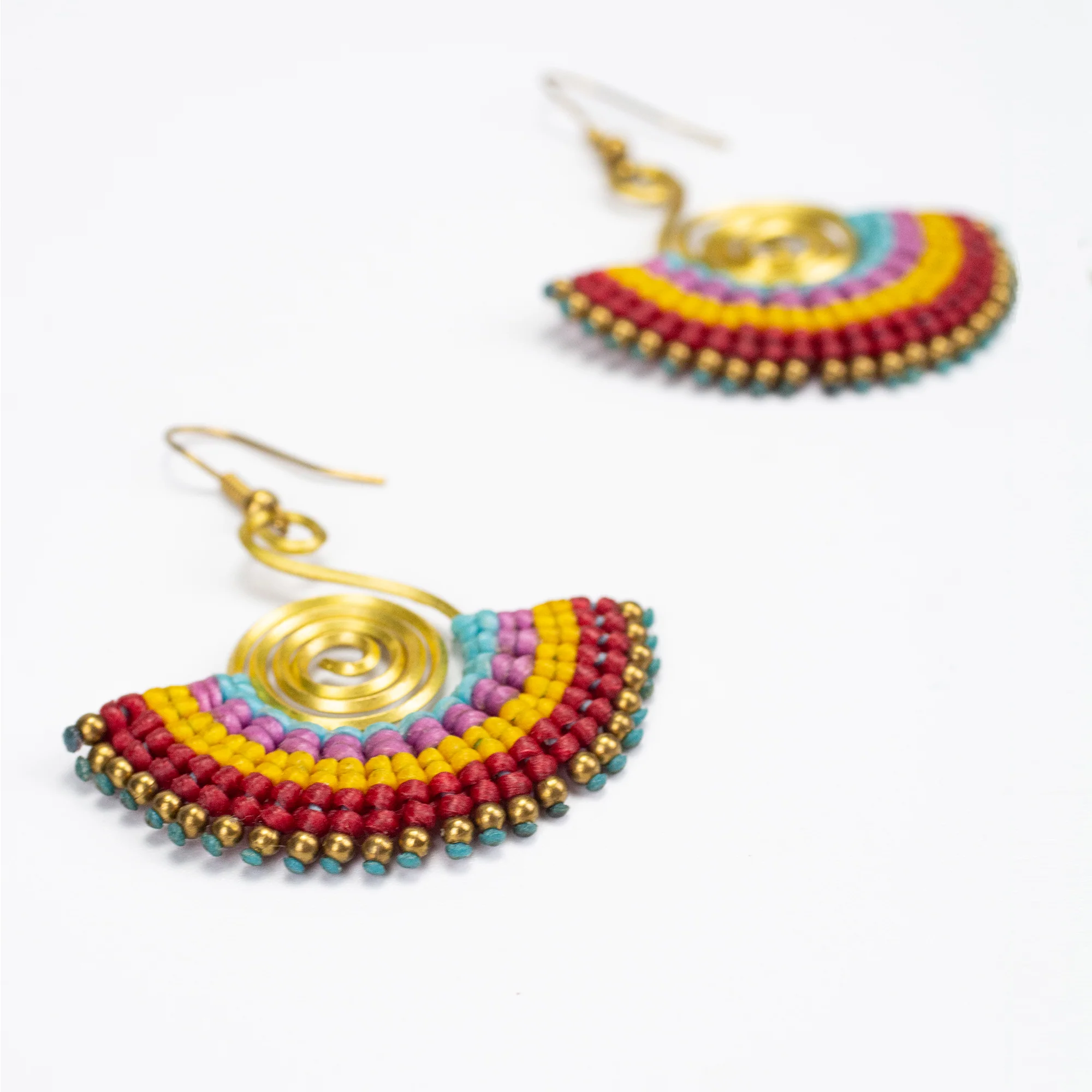 Fan Red Yellow Waxed String Spiral Brass Earrings - Image 3