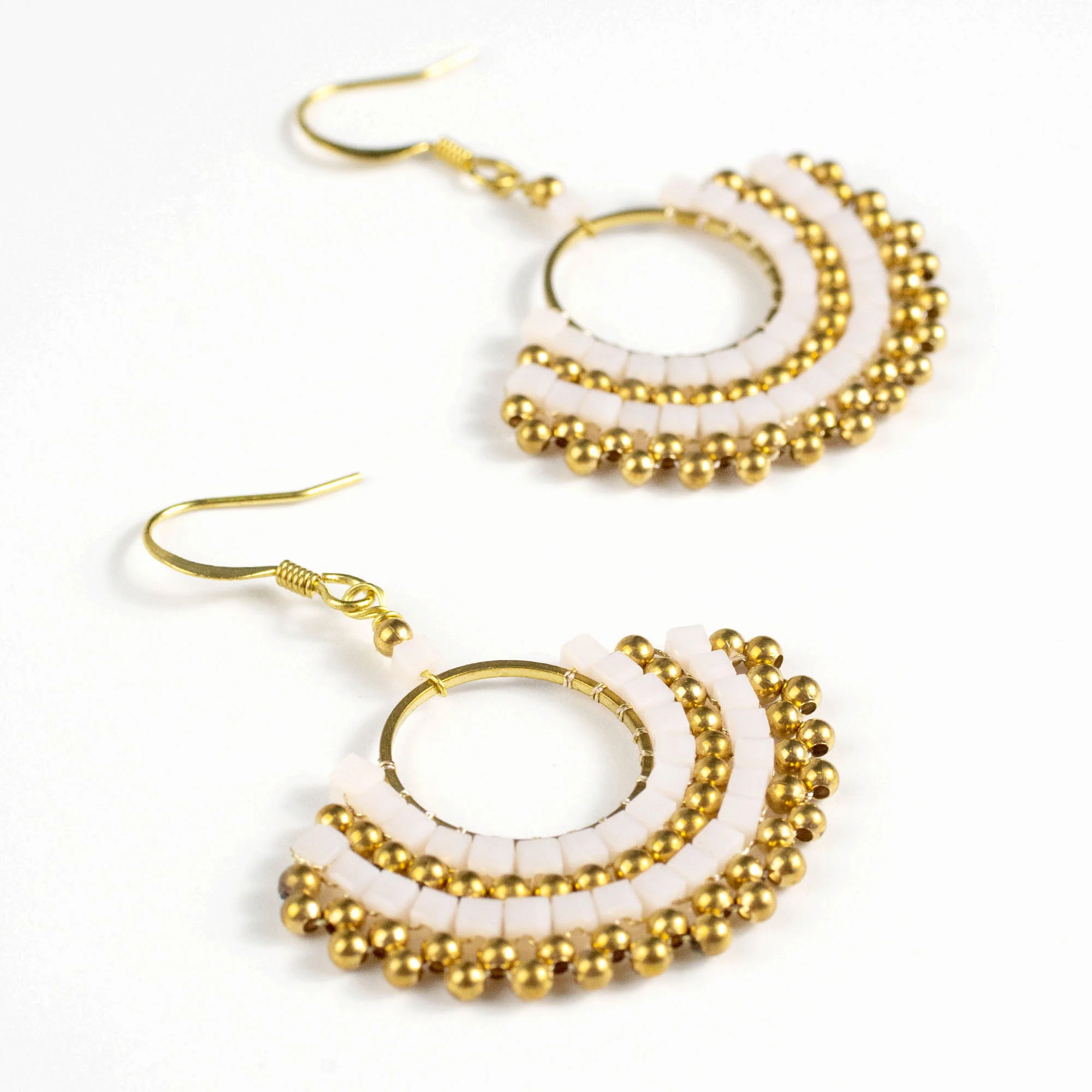 Fan White Beads Brass Earrings - Image 2