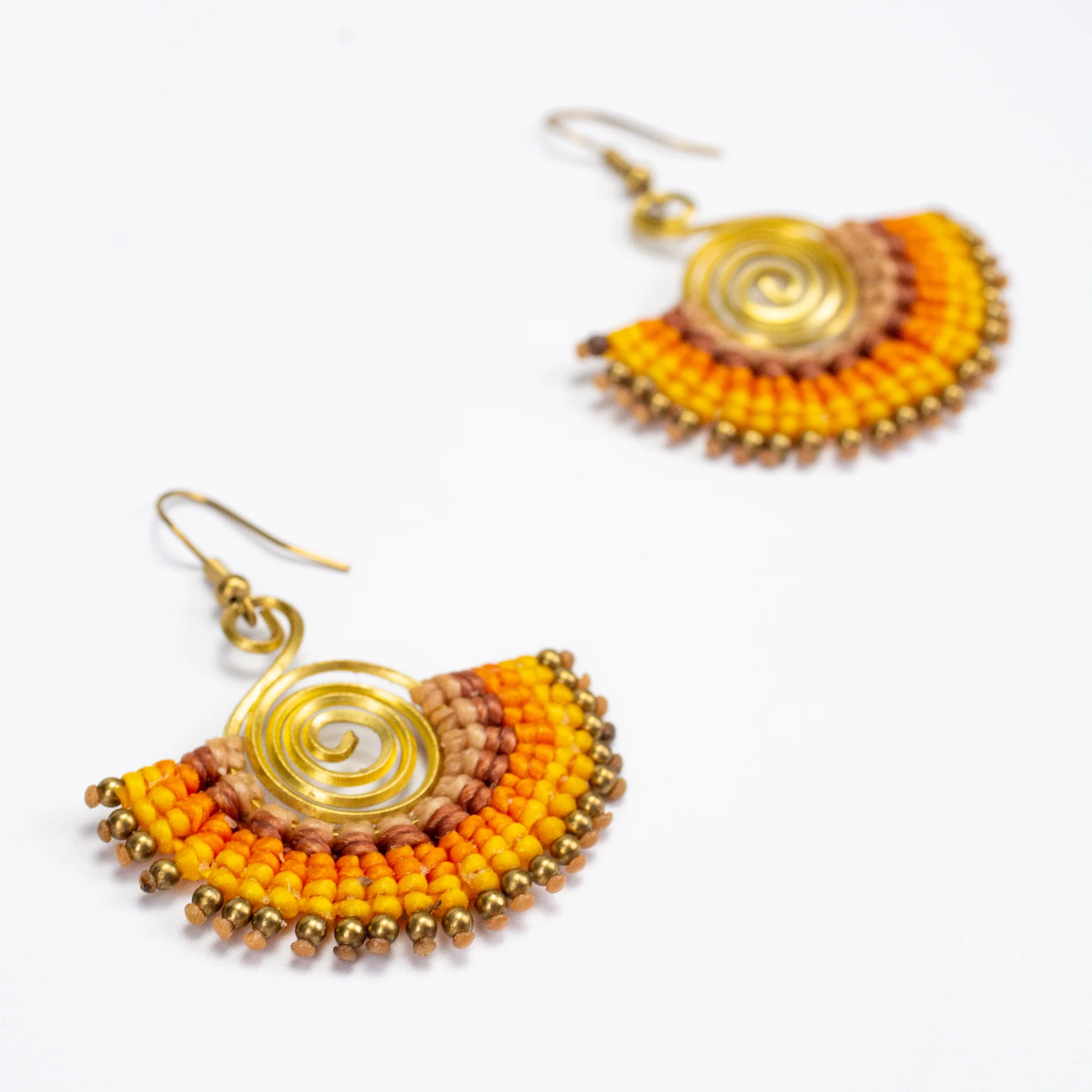 Fan Yellow Orange Waxed String Spiral Brass Earrings - Image 3