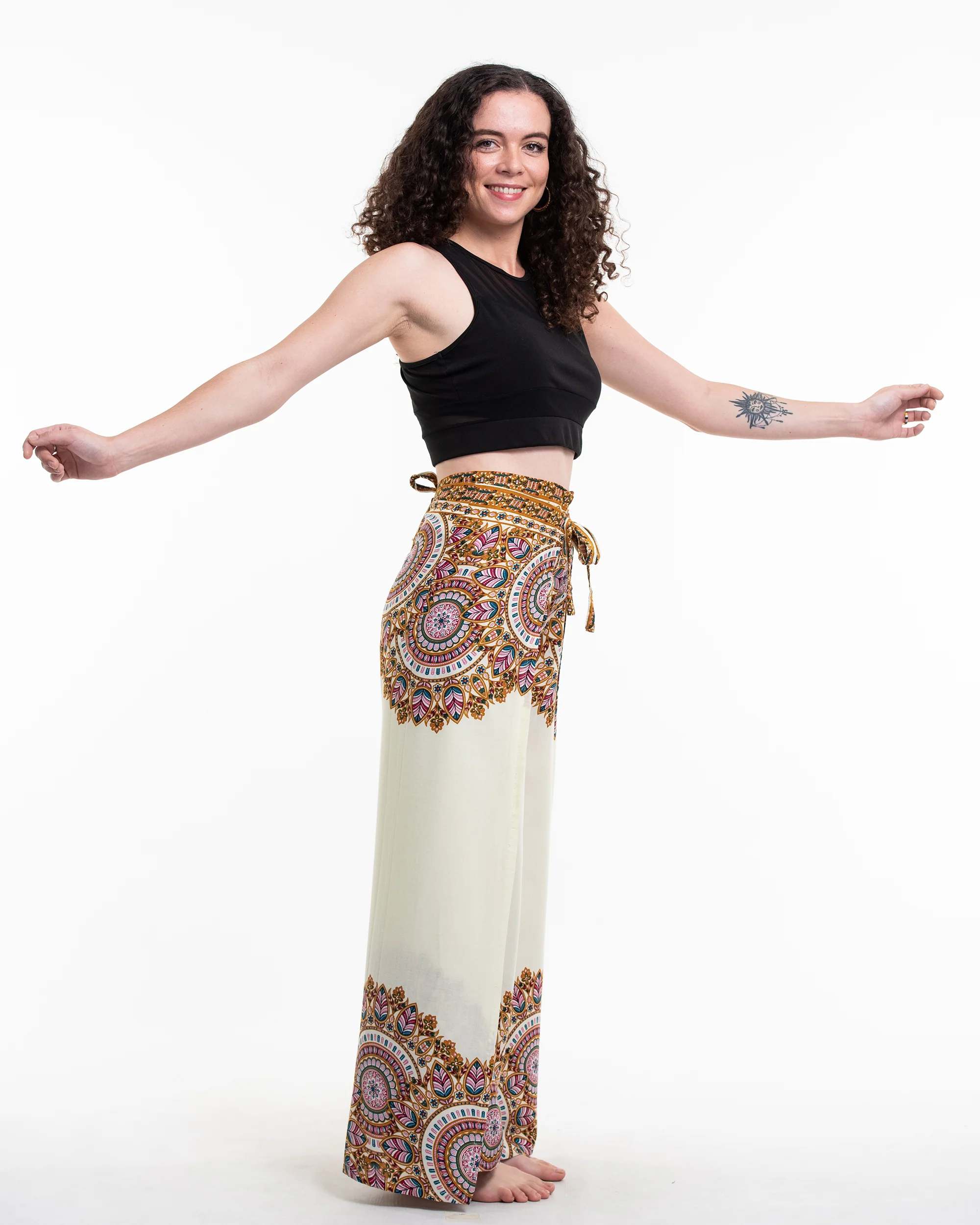 Feather Mandalas Wrap Palazzo Style Harem Pants in Cream - Image 3