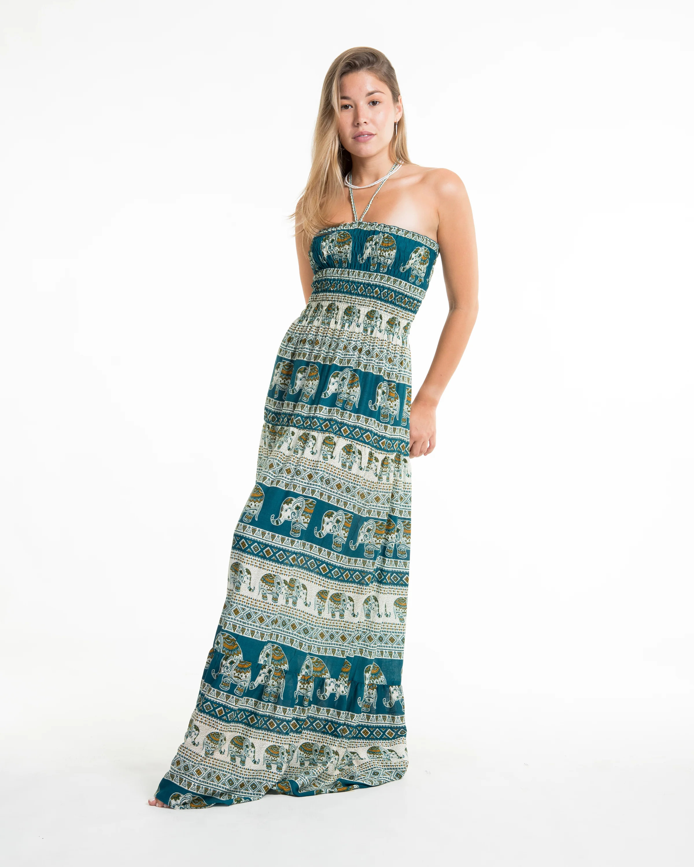 Festive Elephants Smocked Maxi Dress in Teal - Image 5