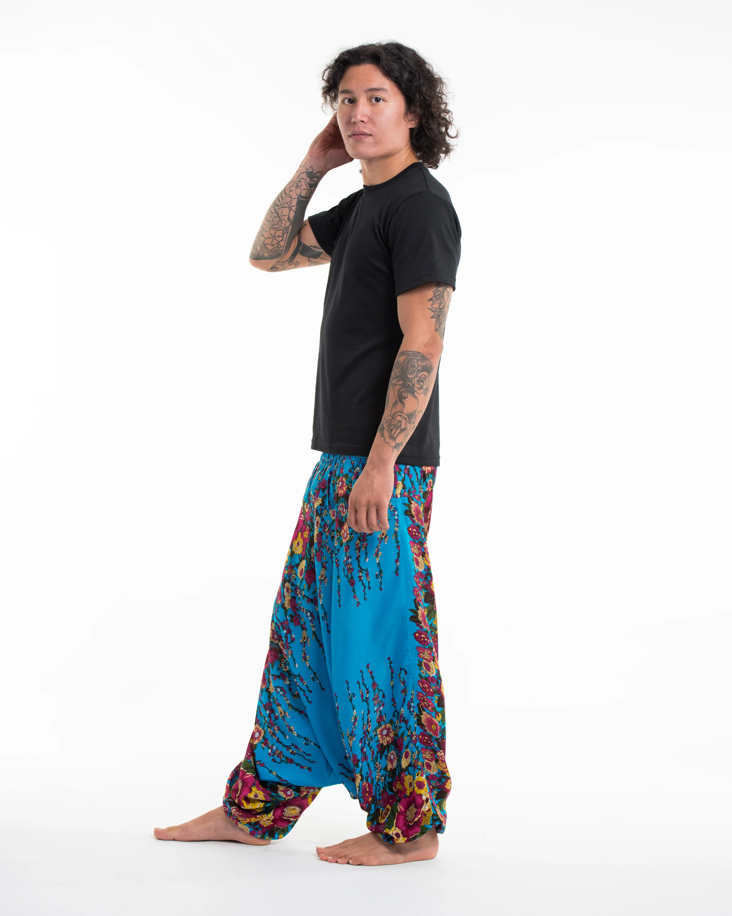 Floral Drop Crotch Men's Harem Pants in Ocean Blue - Image 3