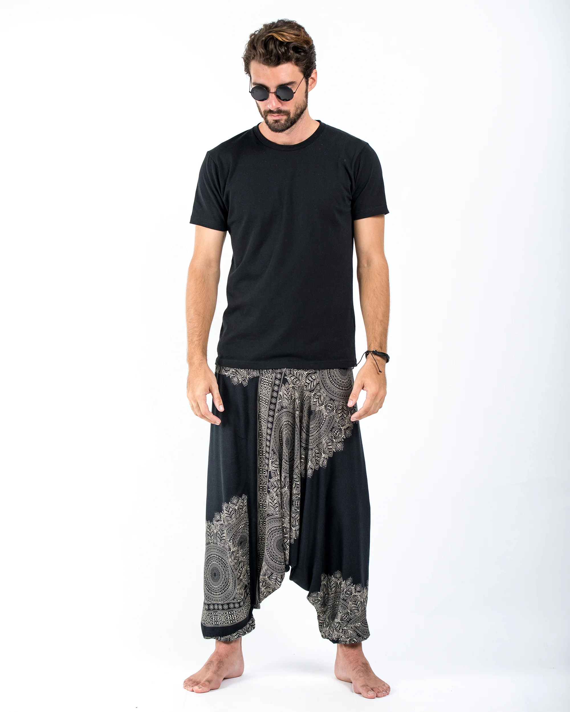 Floral Mandalas Drop Crotch Men's Harem Pants in Black - Image 5