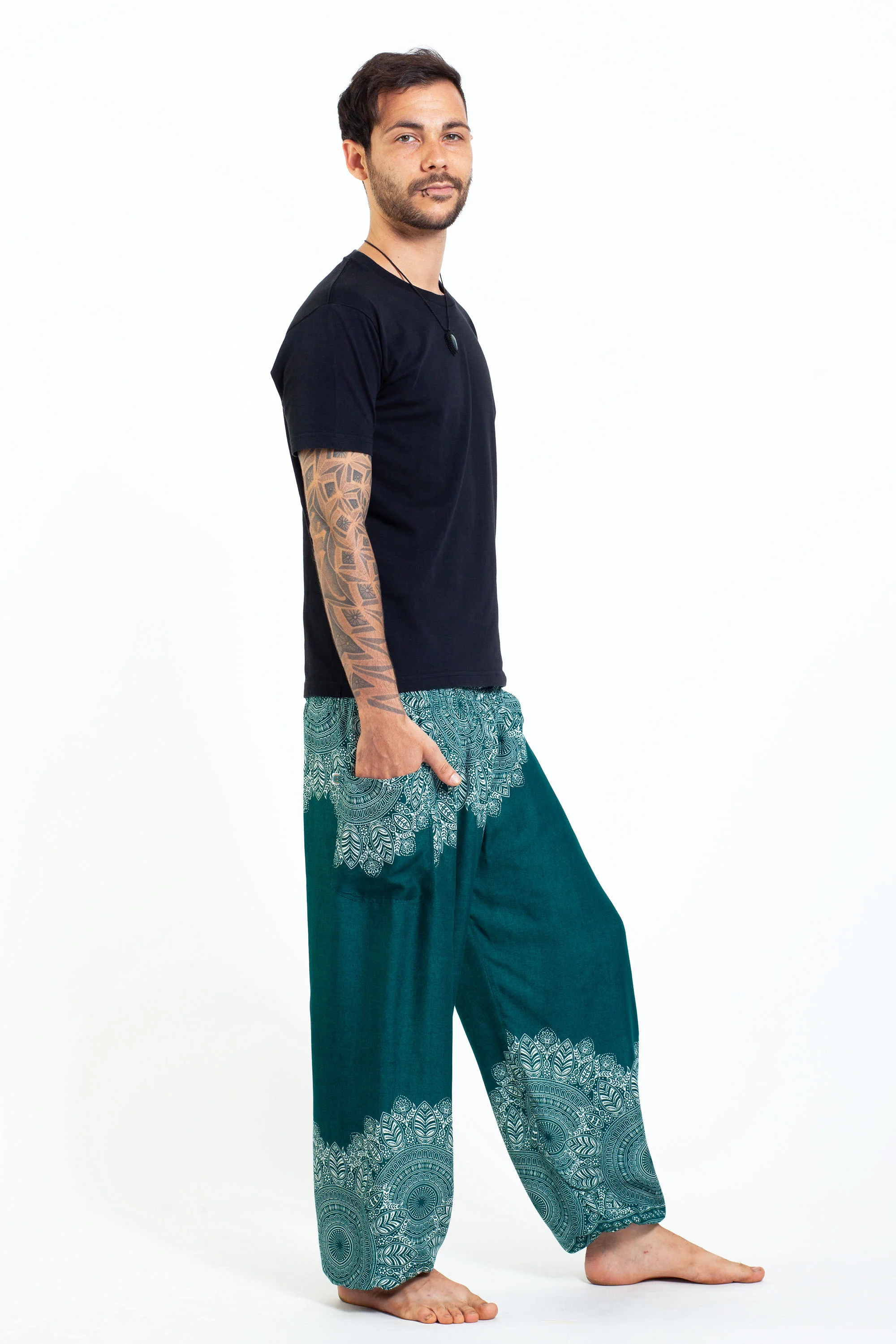 Floral Mandalas Men's Harem Pants in Teal - Image 3