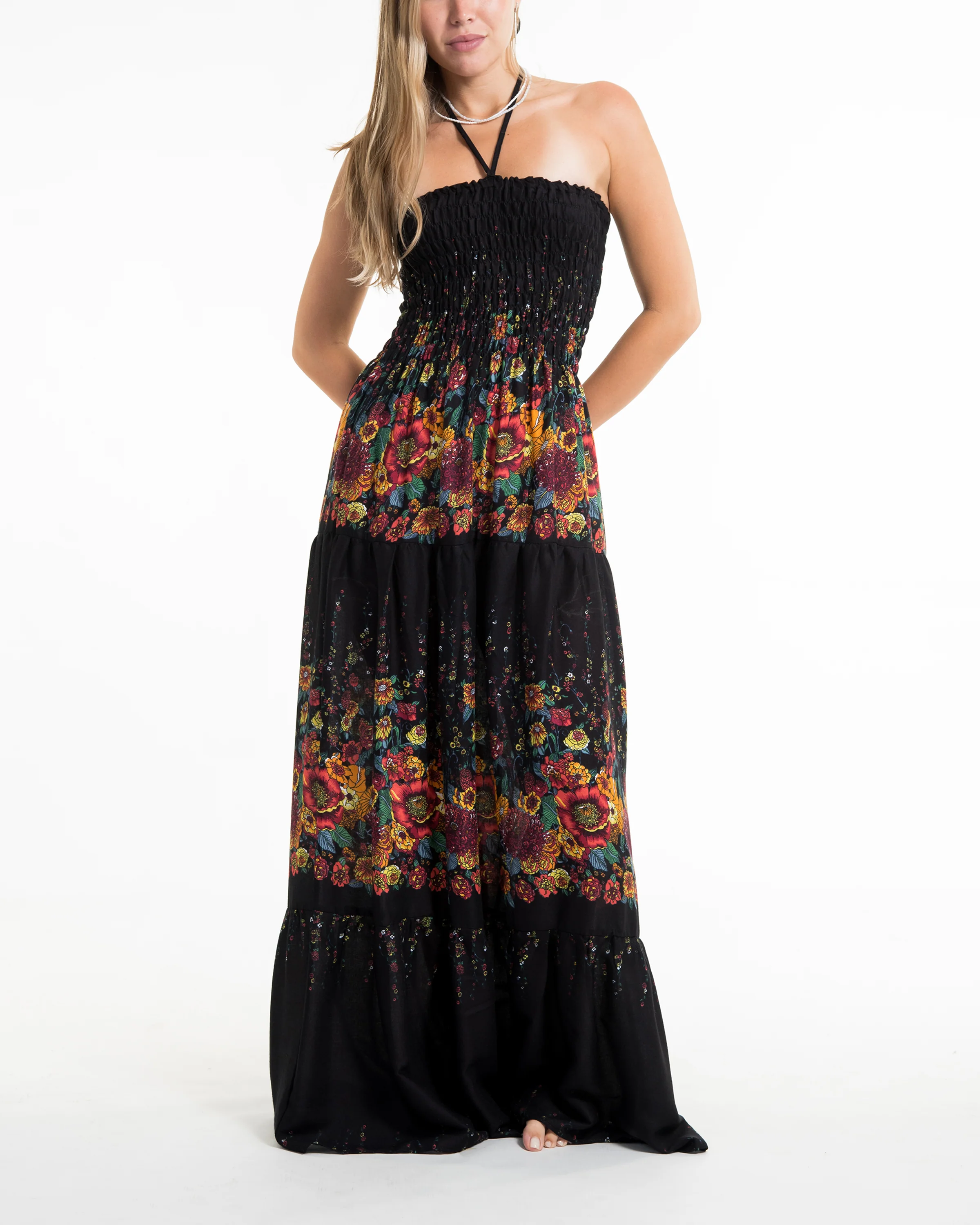 Floral Smocked Maxi Dress in Black - Image 2