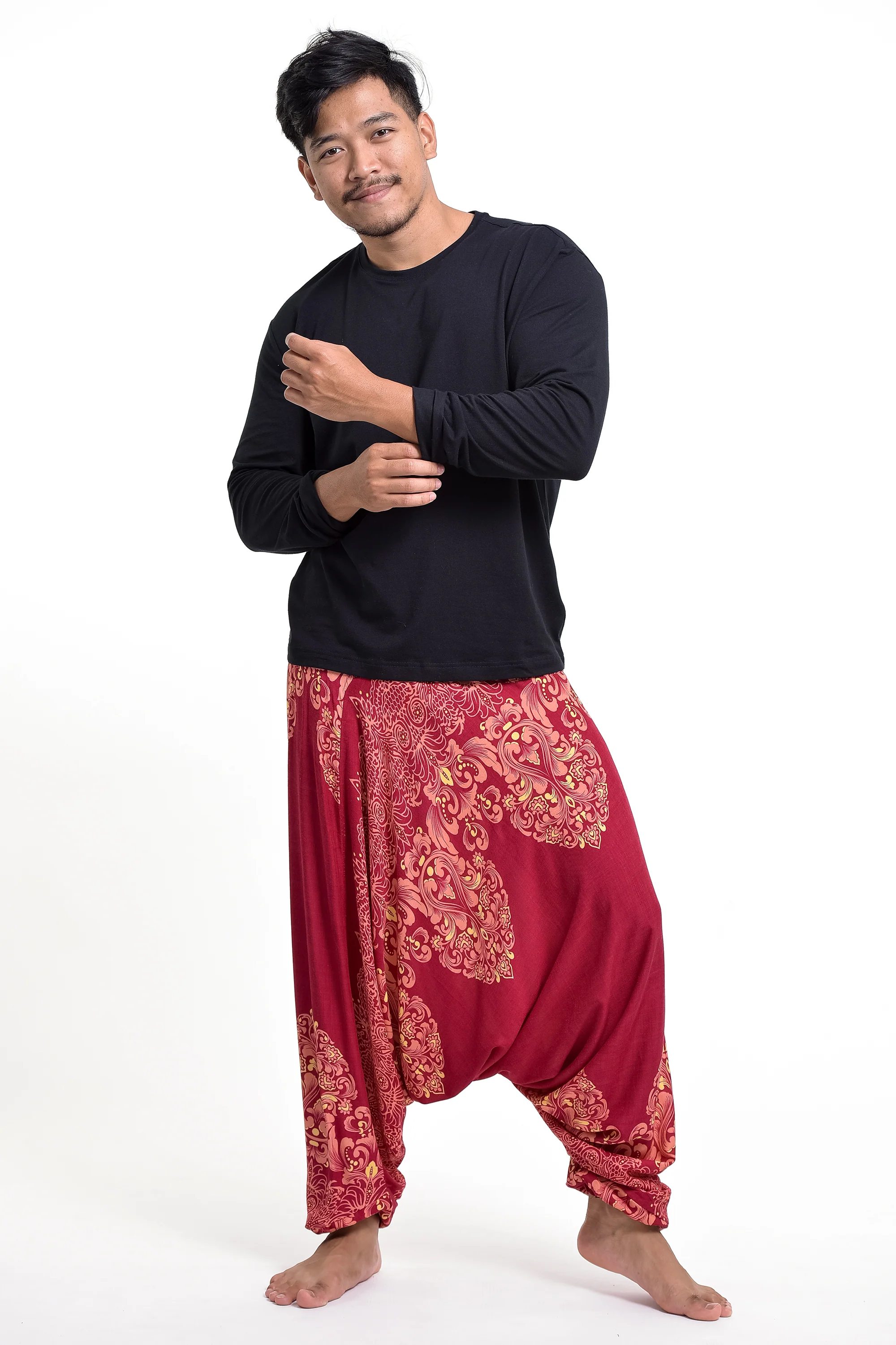 Floral Vines Drop Crotch Men's Harem Pants in Red - Image 3
