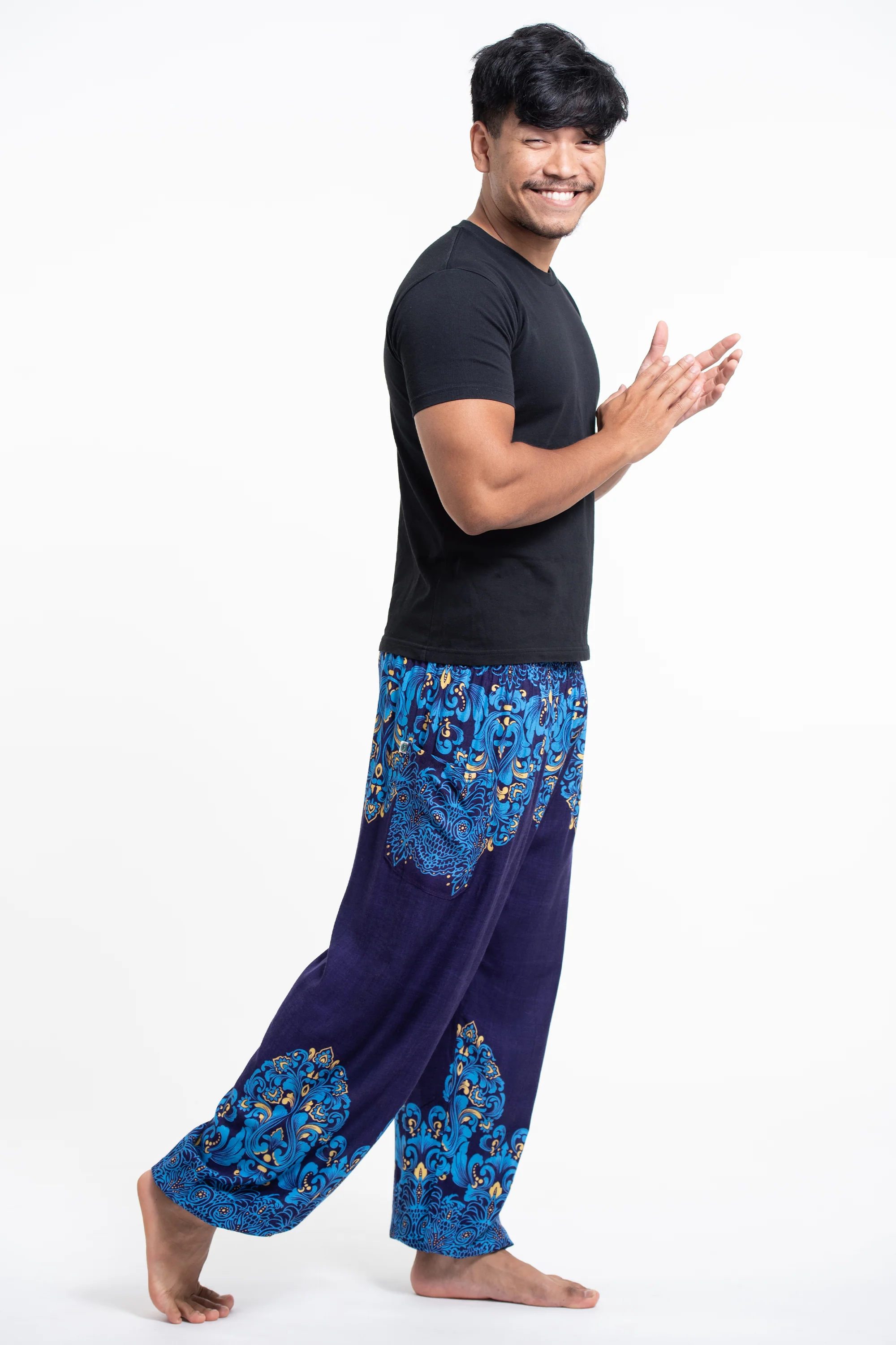 Floral Vines Men's Harem Pants in Blue - Image 3