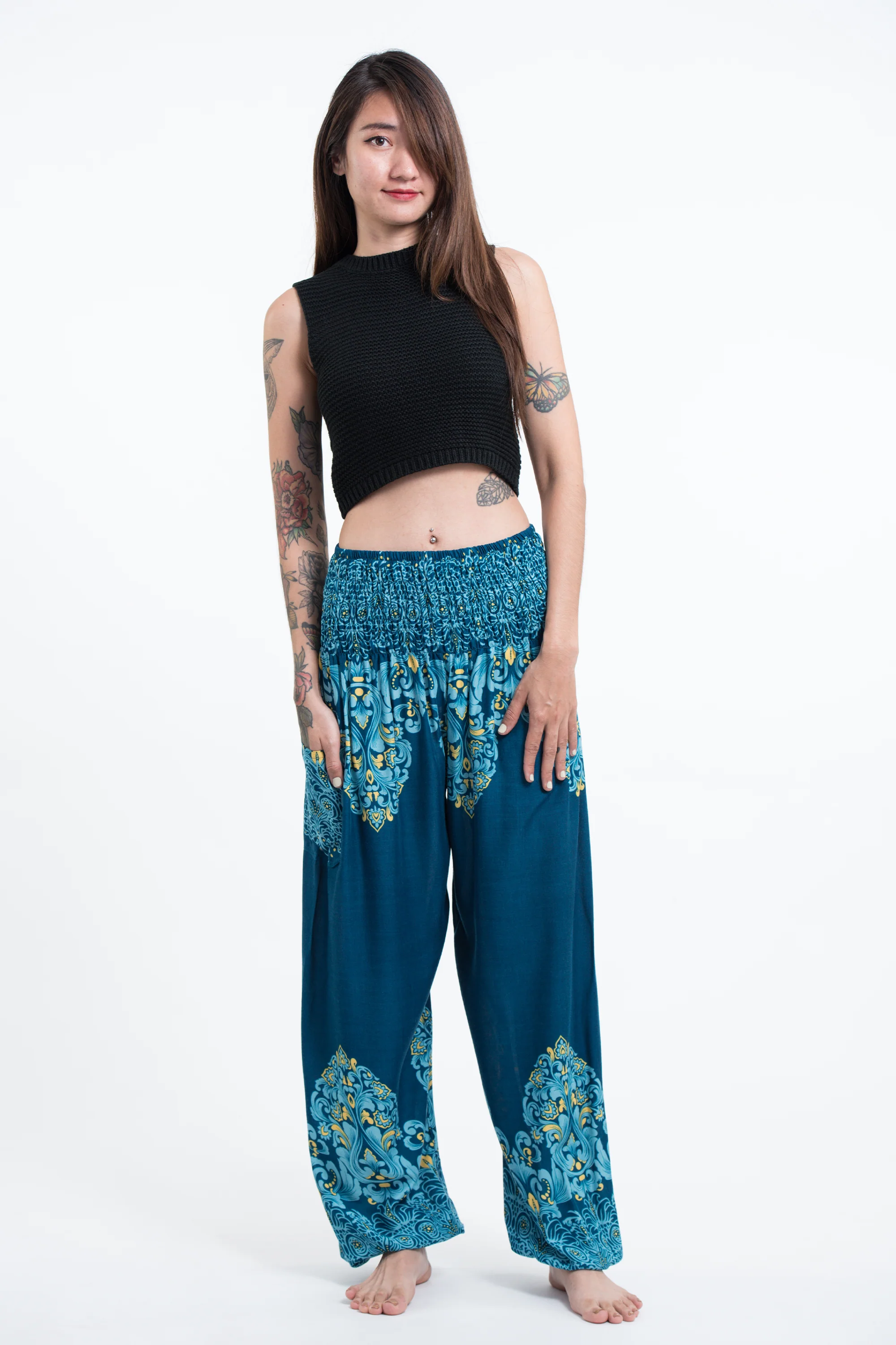Floral Vines Women's Harem Pants in Turquoise