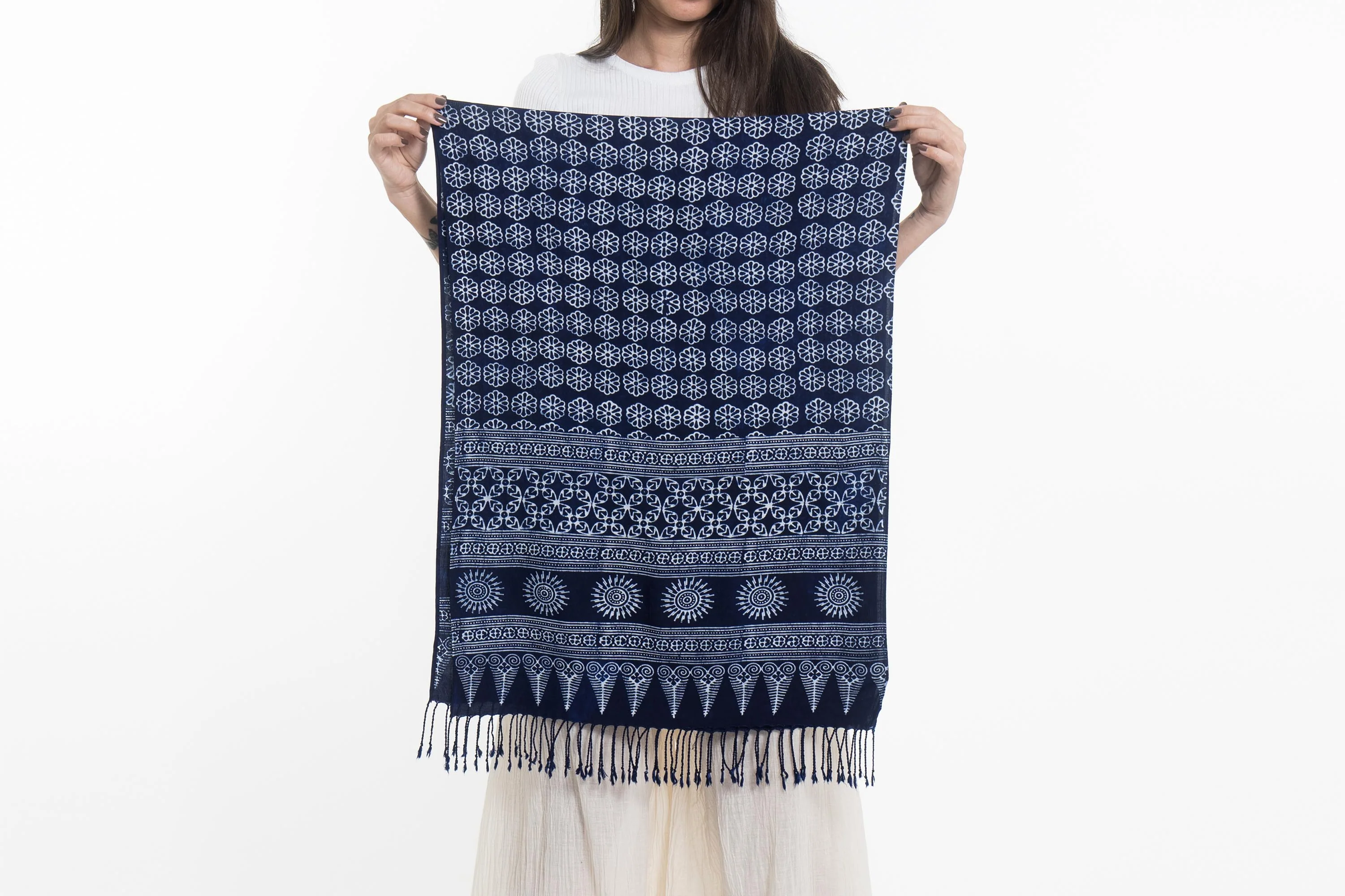 Flowers Print Hmong Indigo Batik Shawl Scarf - Image 2