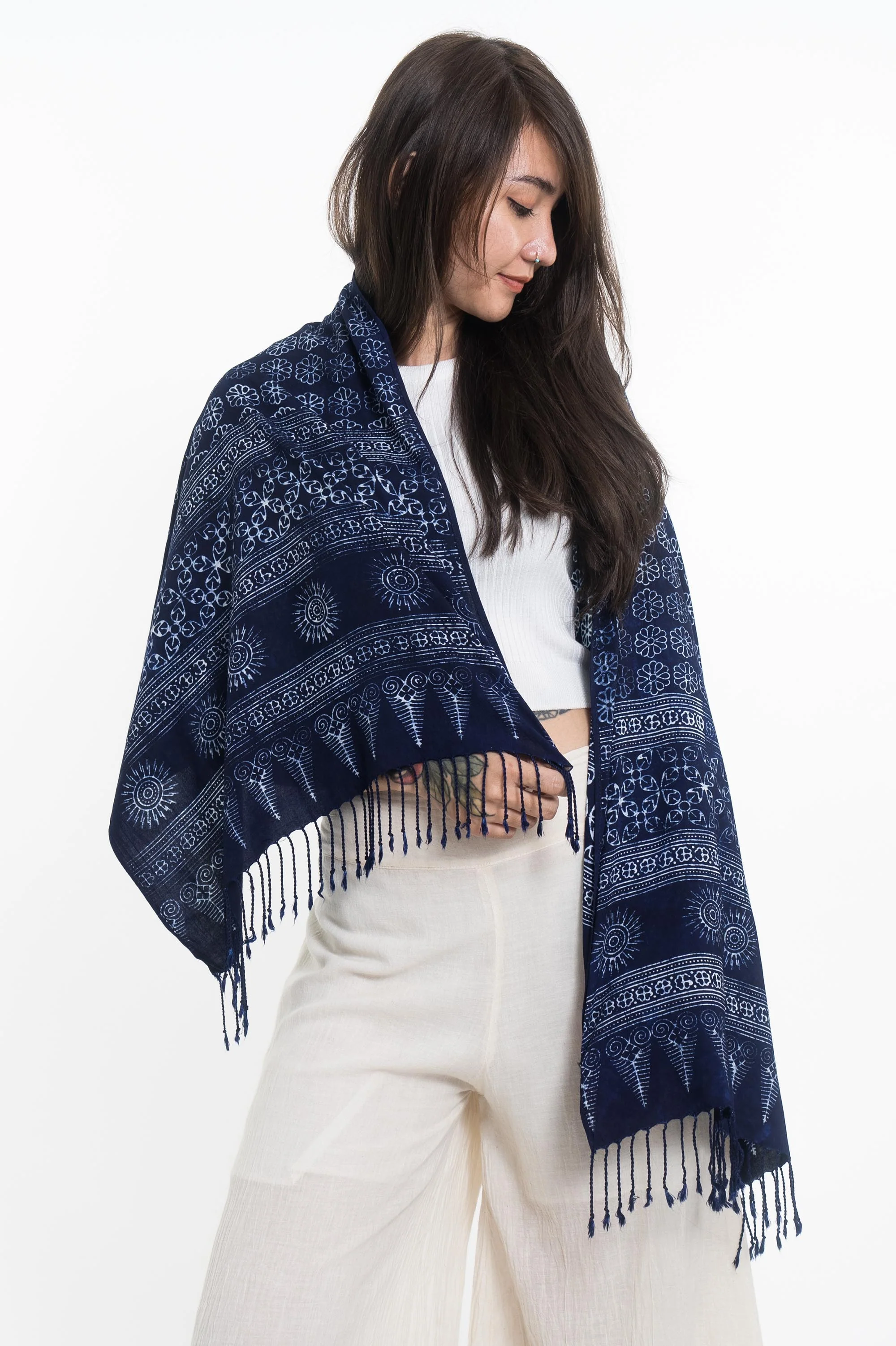 Flowers Print Hmong Indigo Batik Shawl Scarf - Image 4