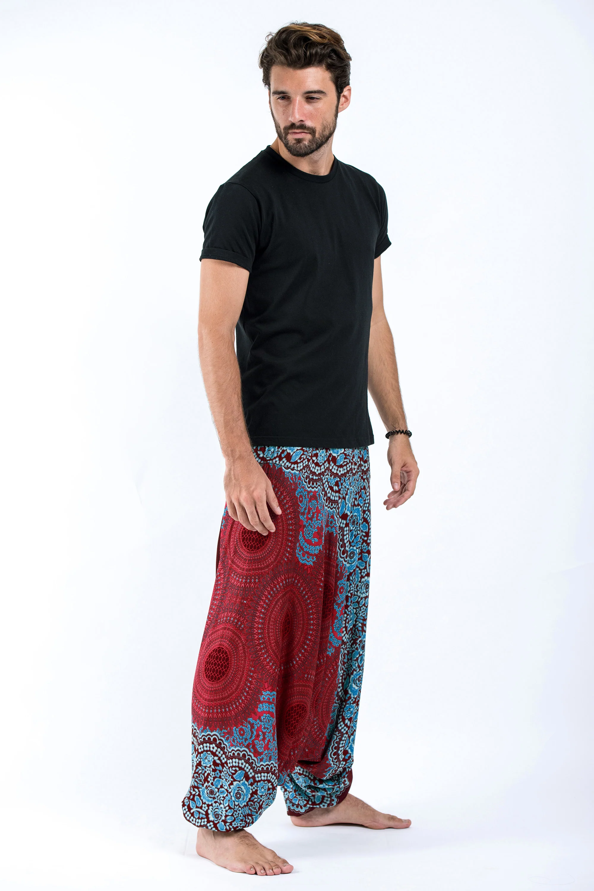 Geometric Mandalas Drop Crotch Men's Harem Pants in Red - Image 3