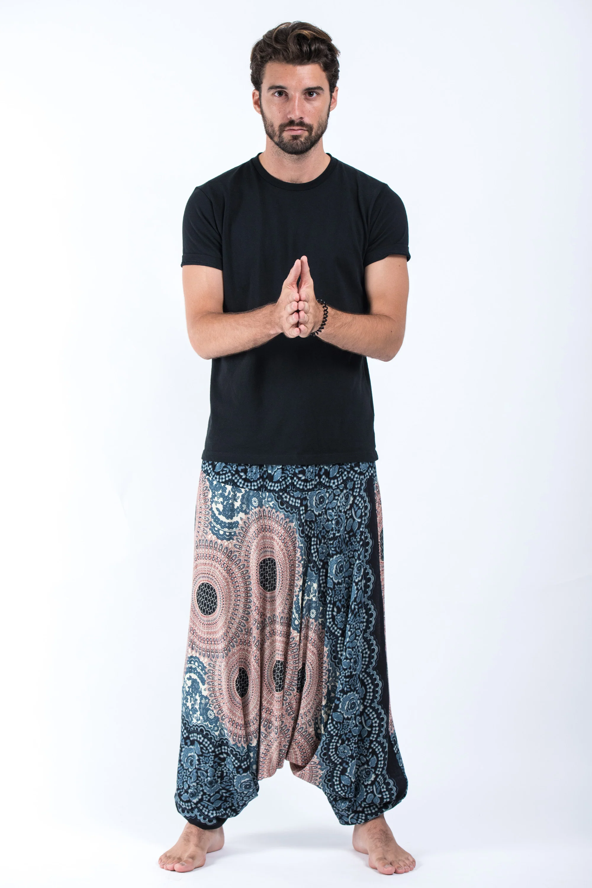 Geometric Mandalas Drop Crotch Men's Harem Pants in Silver Gray - Image 4