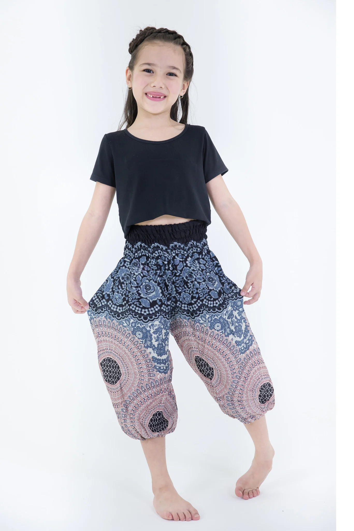 Geometric Mandalas Kids Harem Pants in Silver Gray - Image 4
