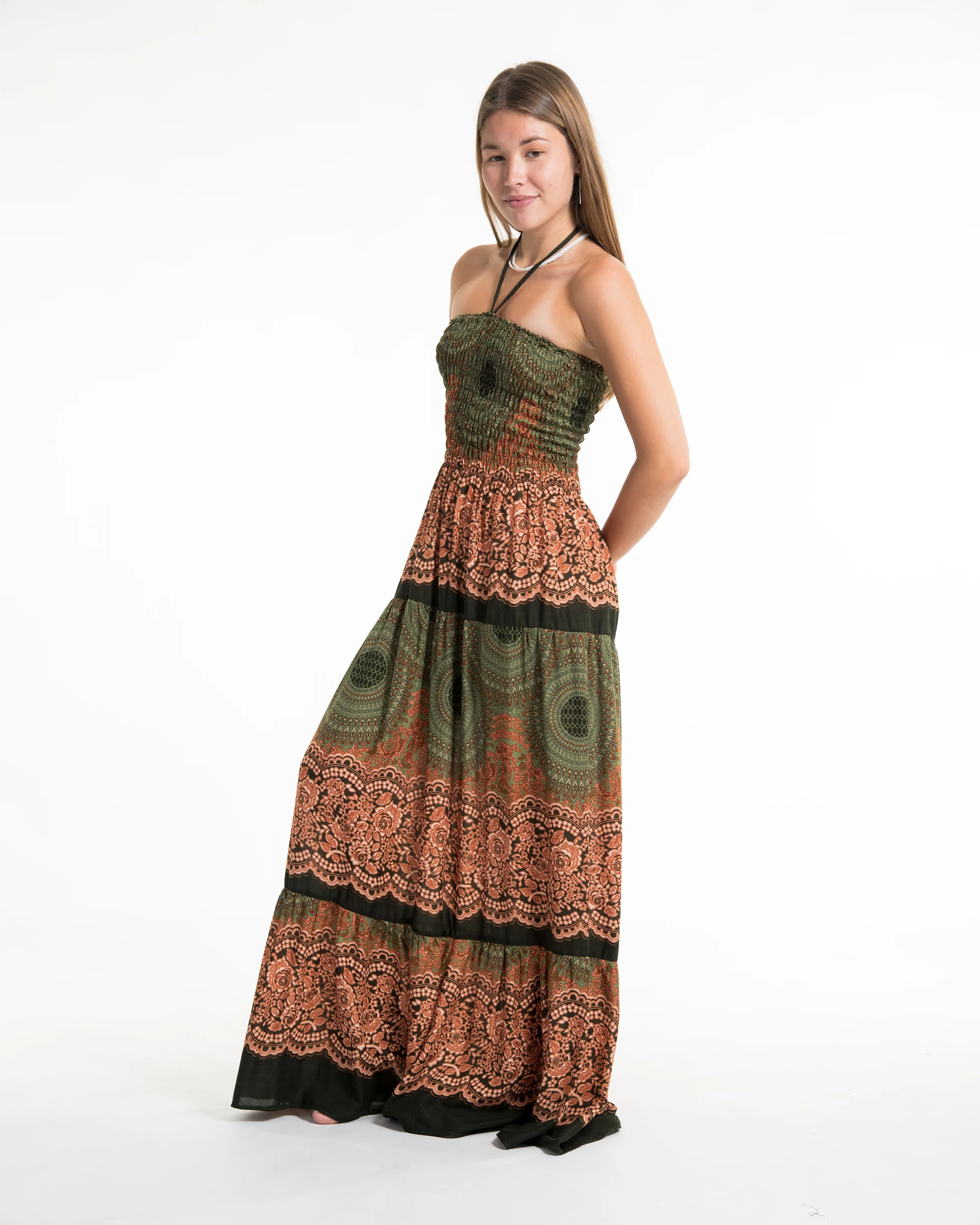 Geometric Mandalas Smocked Maxi Dress in Olive - Image 4