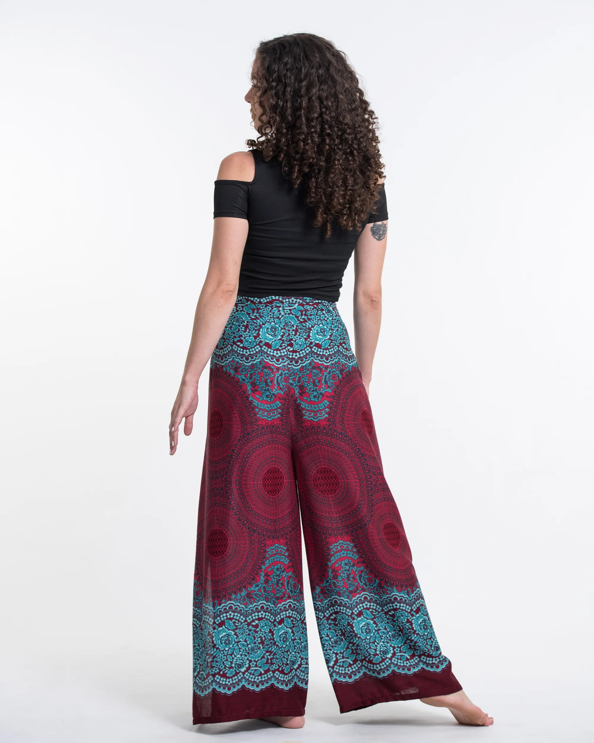 Geometric Mandalas Wrap Palazzo Style Harem Pants in Red - Image 4
