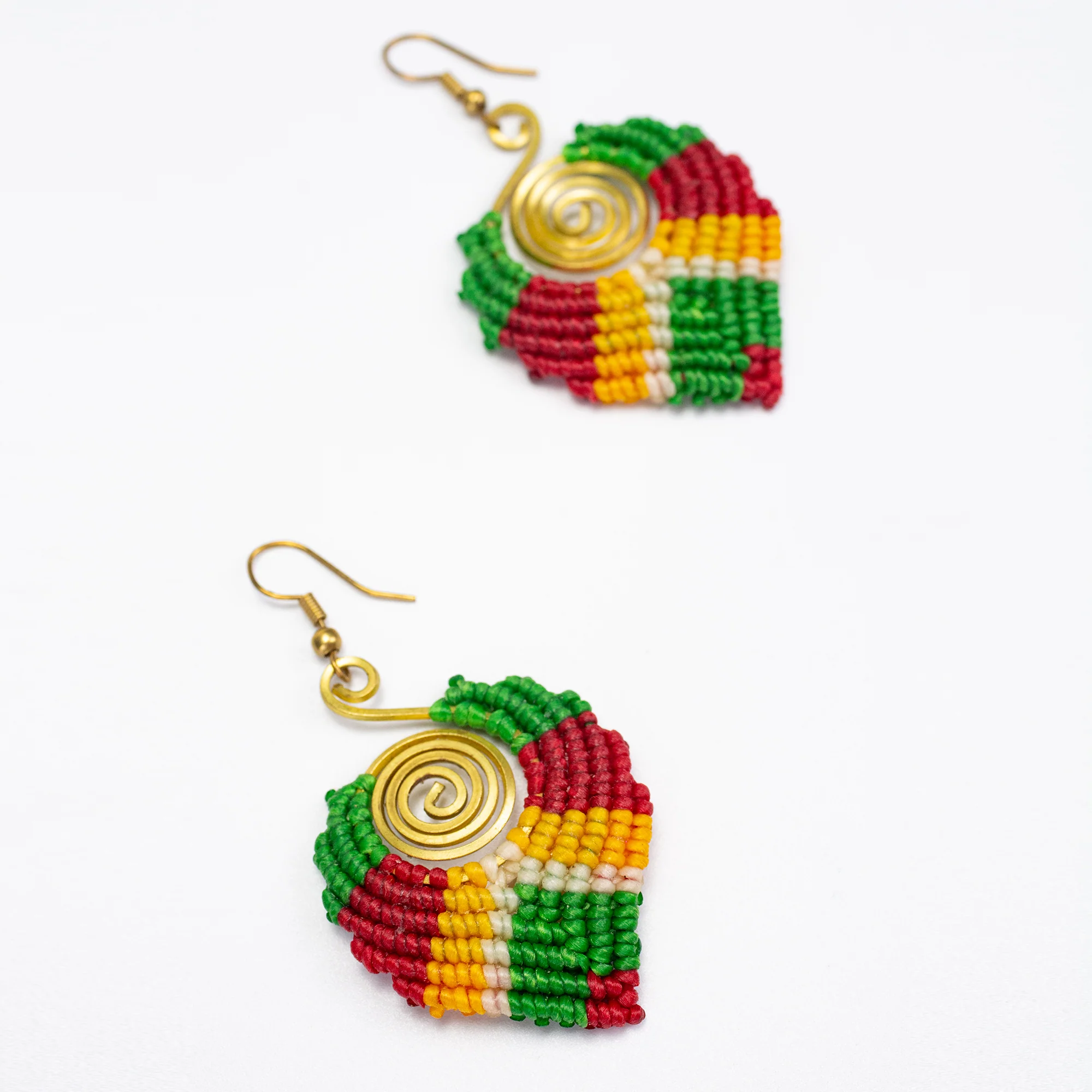 Green Red Waxed String Spiral Brass Earrings - Image 2