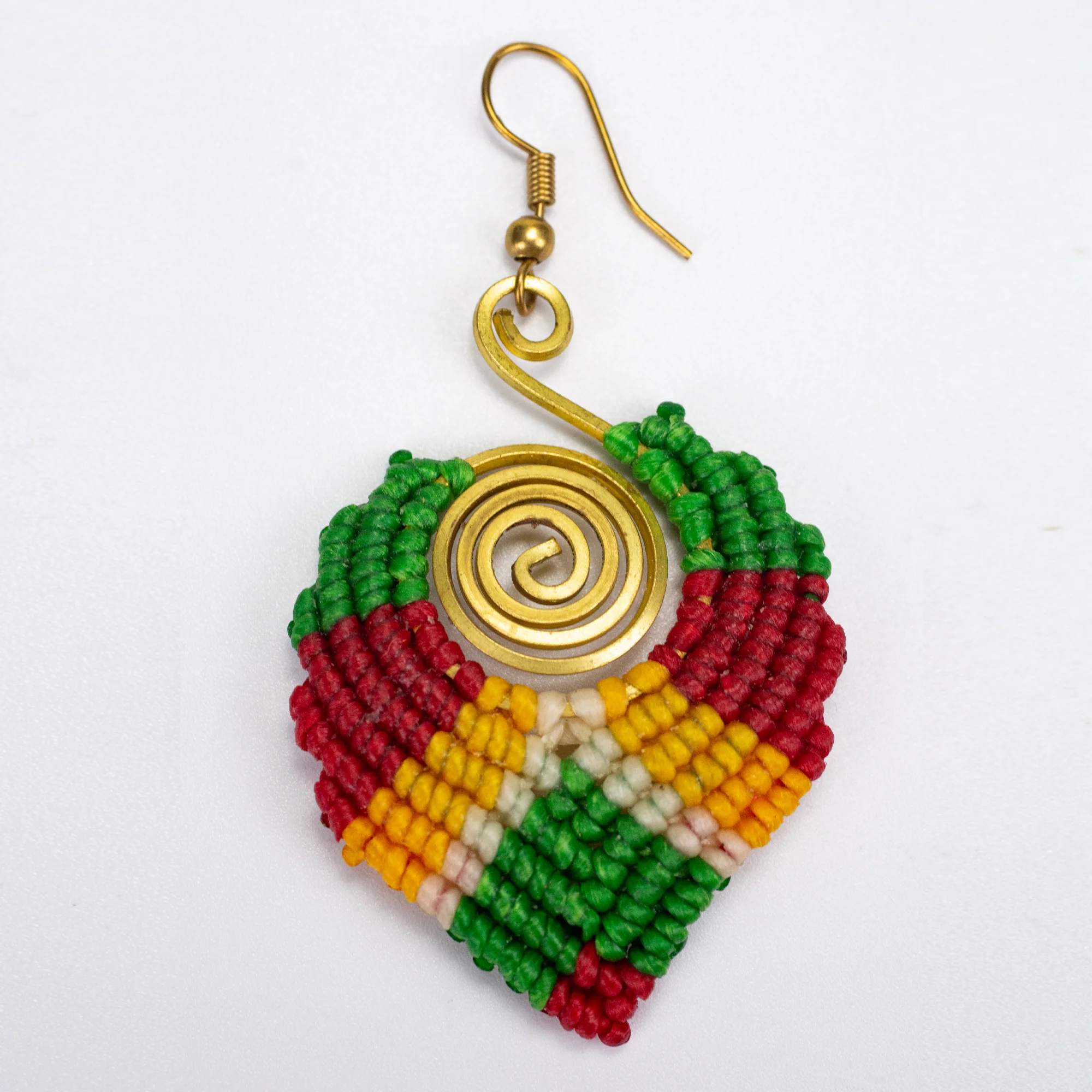Green Red Waxed String Spiral Brass Earrings - Image 3