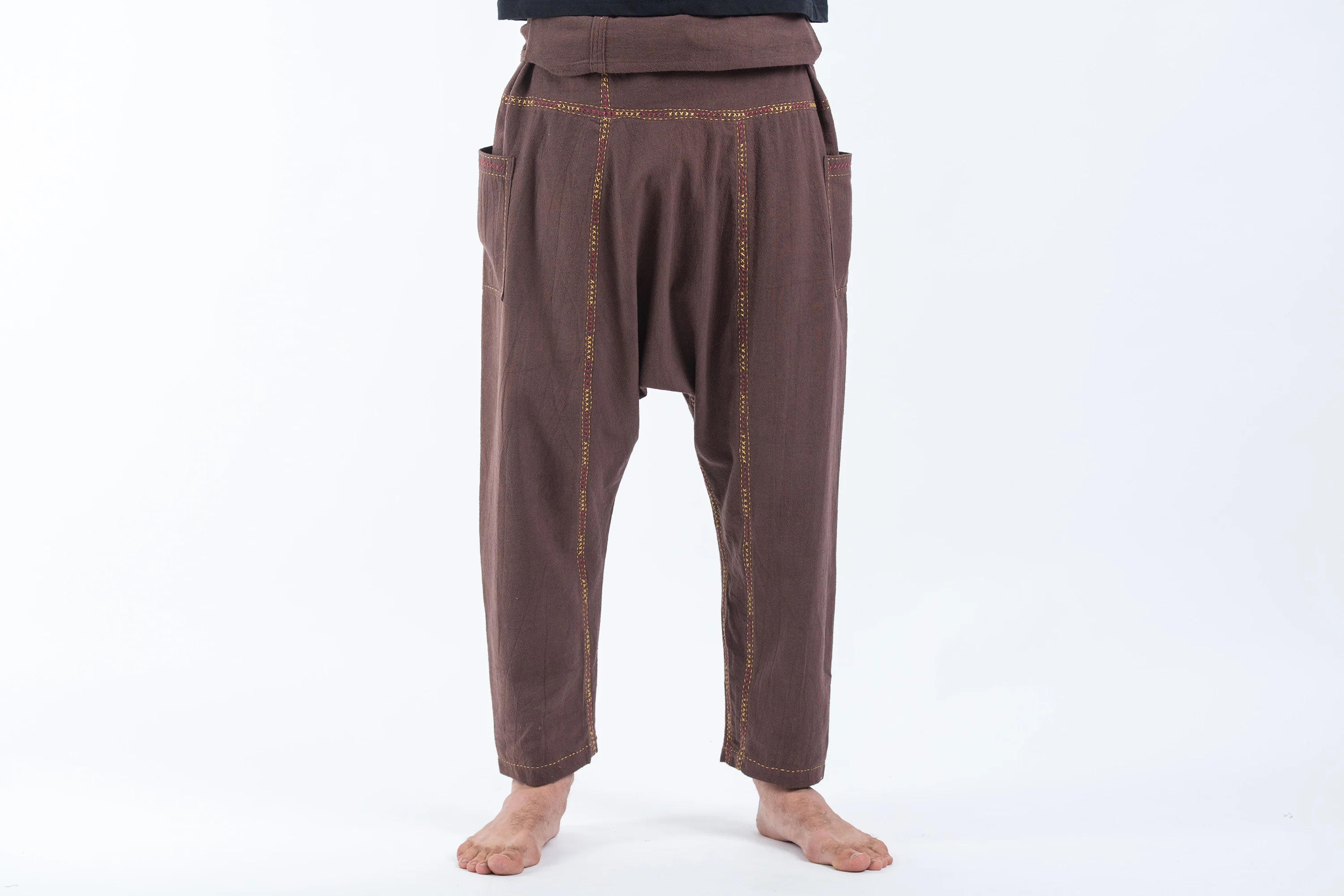 Hand Embroidered Men's Slim Cut Fisherman Pants in Brown - Image 2